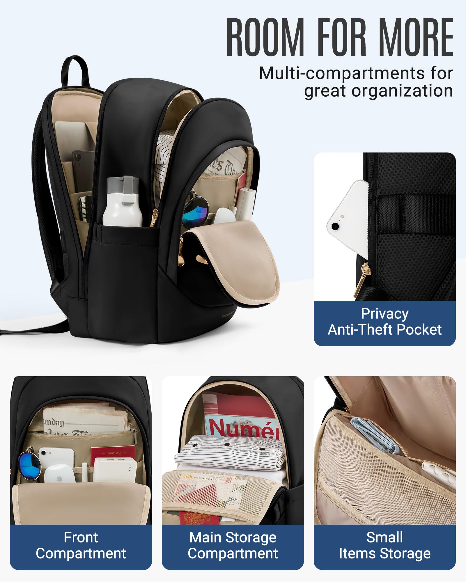 LIGHT FLIGHT Travel Backpack for Women, 15.6 Inch Laptop Backpack with USB Charging Hole, Water Resistant College Bookbag, Large Capacity Black Computer Backpacks for Work, Black