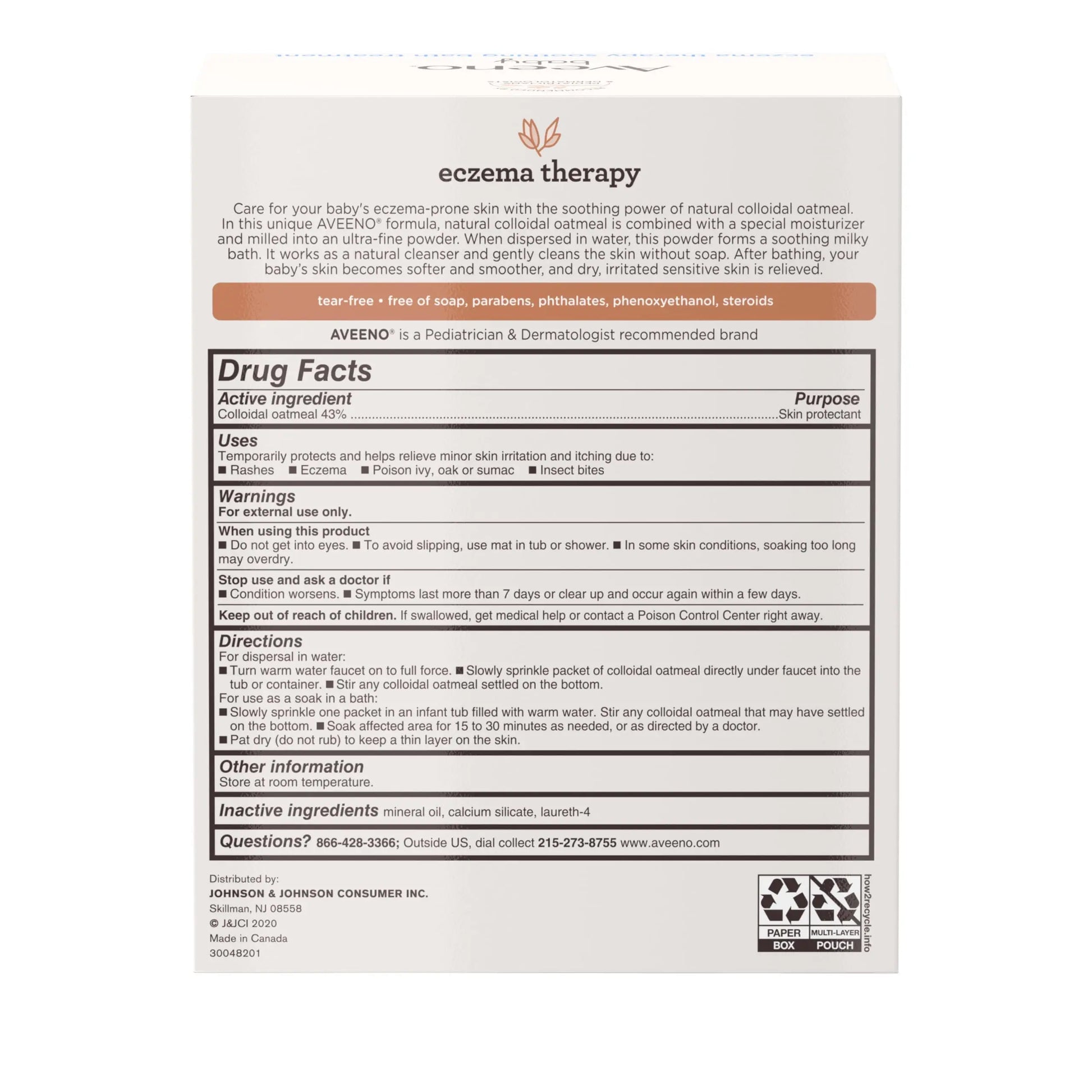 Aveeno Baby Eczema Therapy Soothing Bath Treatment for Relief of Dry, Itchy & Irritated Skin, Made with Natural Colloidal Oatmeal, Fragrance-, Paraben-, Steroid- & Tear-Free, 5 ct