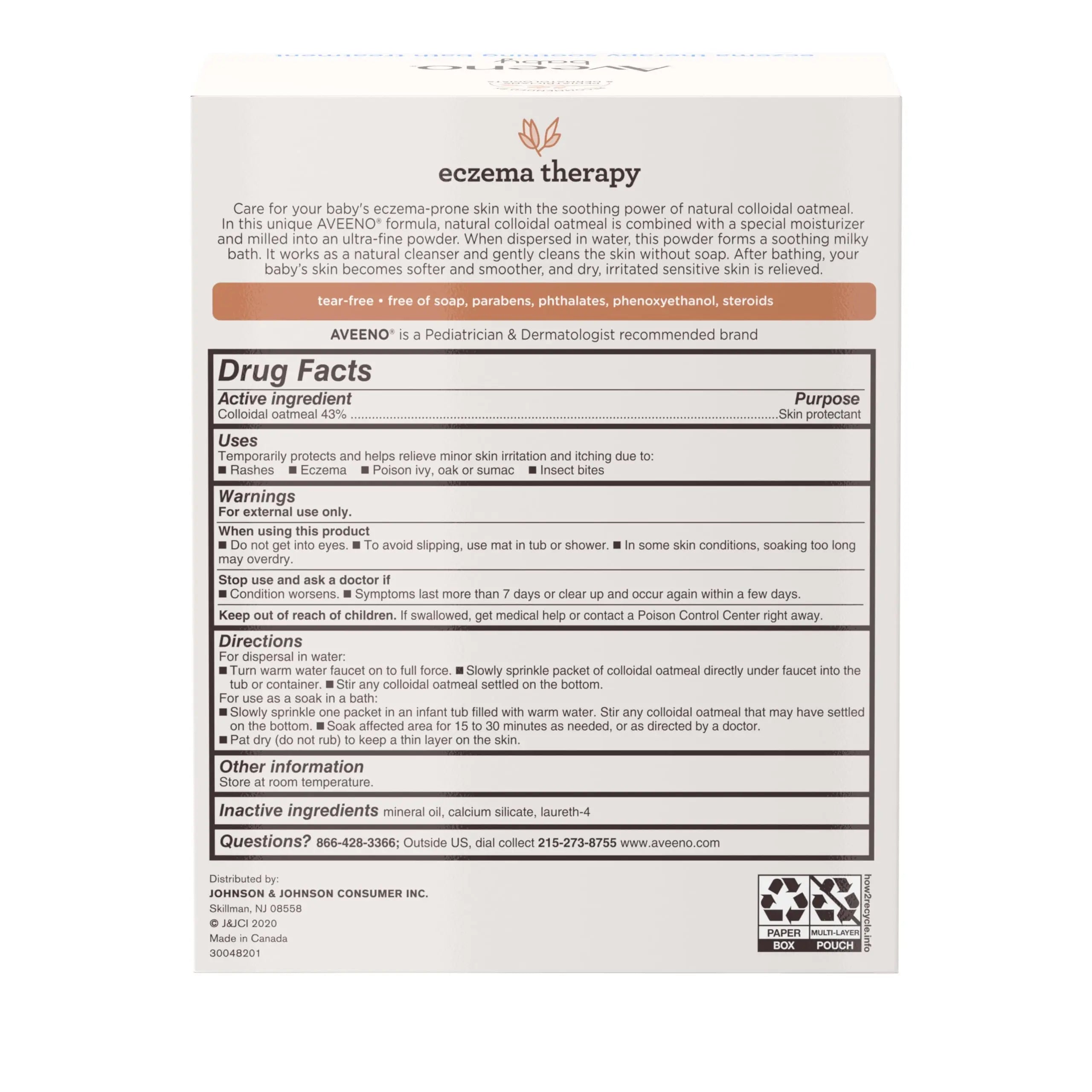 Aveeno Baby Eczema Therapy Soothing Bath Treatment for Relief of Dry, Itchy & Irritated Skin, Made with Natural Colloidal Oatmeal, Fragrance-, Paraben-, Steroid- & Tear-Free, 5 ct