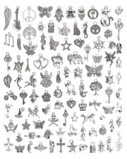 JIALEEY Wholesale Bulk Lots Jewelry Making Silver Charms Mixed Smooth Tibetan Silver Metal Charms Pendants DIY for Necklace Bracelet Jewelry Making and Crafting, 100 PCS