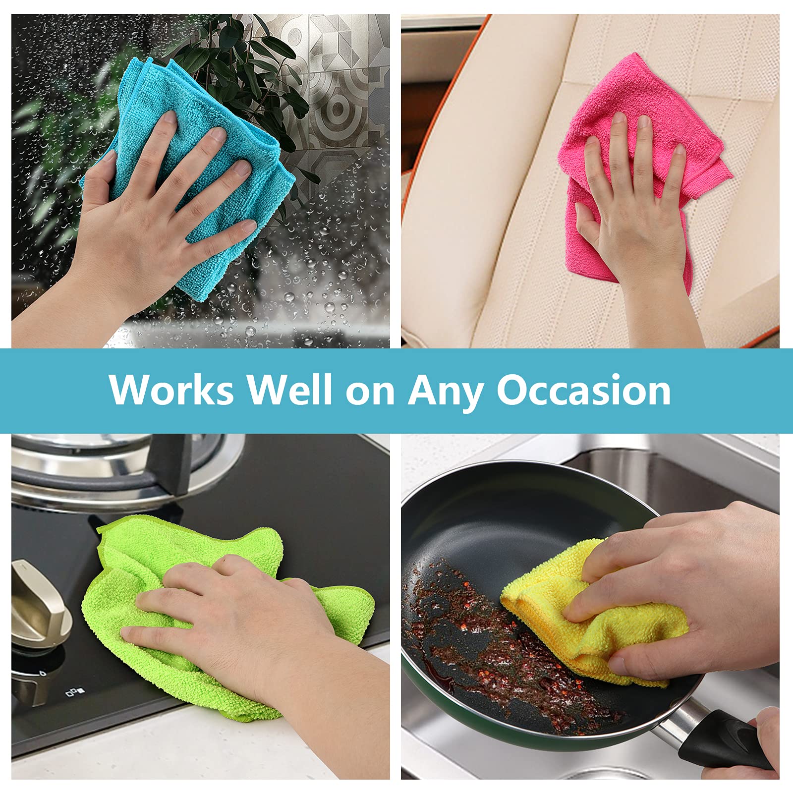 HOMEXCEL Microfiber Cleaning Cloth,12 Pack Cleaning Rags, Cleaning Towels with 4 Color Assorted, 11.5"X11.5"(Green/Blue/Yellow/Pink)