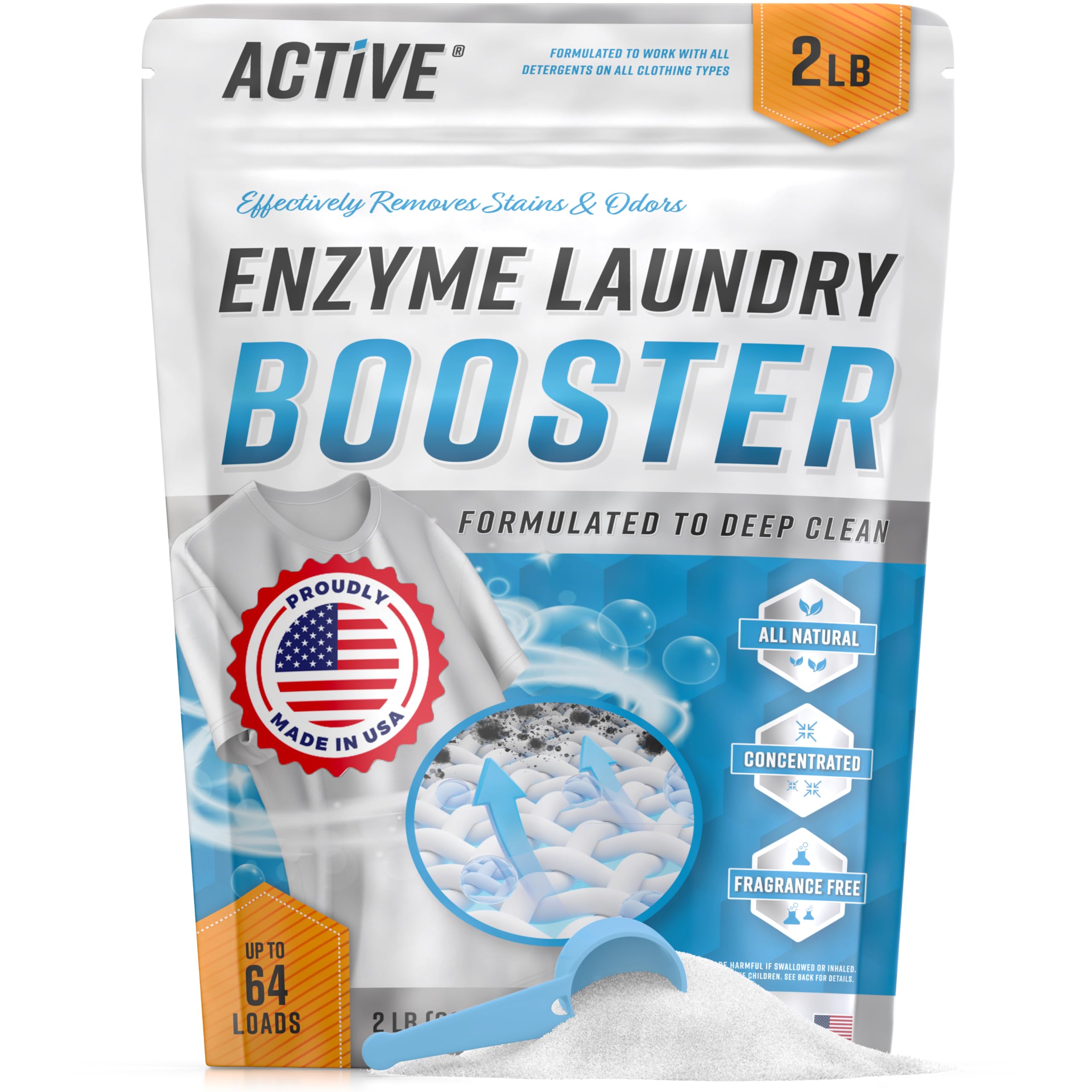 Enzymatischer Wäsche-Booster Geruchsentferner – 900g unparfümiertes enzymatisches Wäsche-Fleckenreiniger-Pulver, natürlicher Desodorierer mit bioaktiven Enzymen, Waschmittelzusatz zur Entfernung von Schweiß, Öl, Blut – 64 Waschladungen