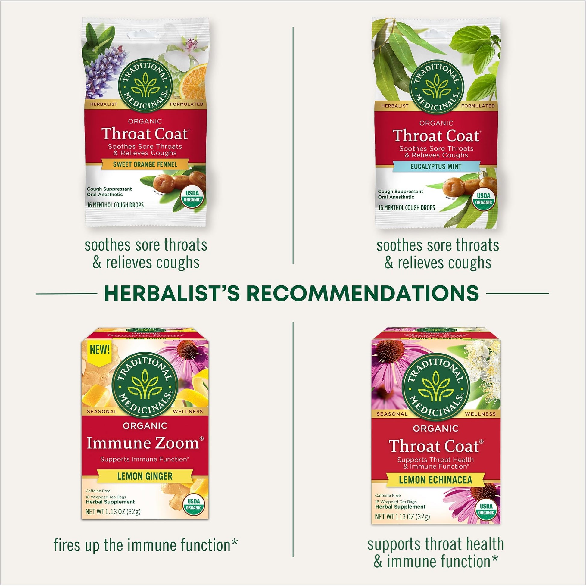 Traditional Medicinals Lozenges, Organic Throat Coat Lemon Ginger Echinacea, Sore Throat Support, 16 Individually Wrapped Lozenges