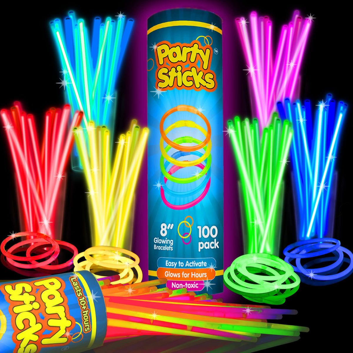 PartySticks Knicklichter Partyzubehör 100er-Pack – 8 Zoll im Dunkeln leuchtende Leuchtstäbe Partygeschenke, Leucht-Dekorationen, Neon Party Leuchthalsketten und Leuchtarmbänder mit Verbindungsstücken
