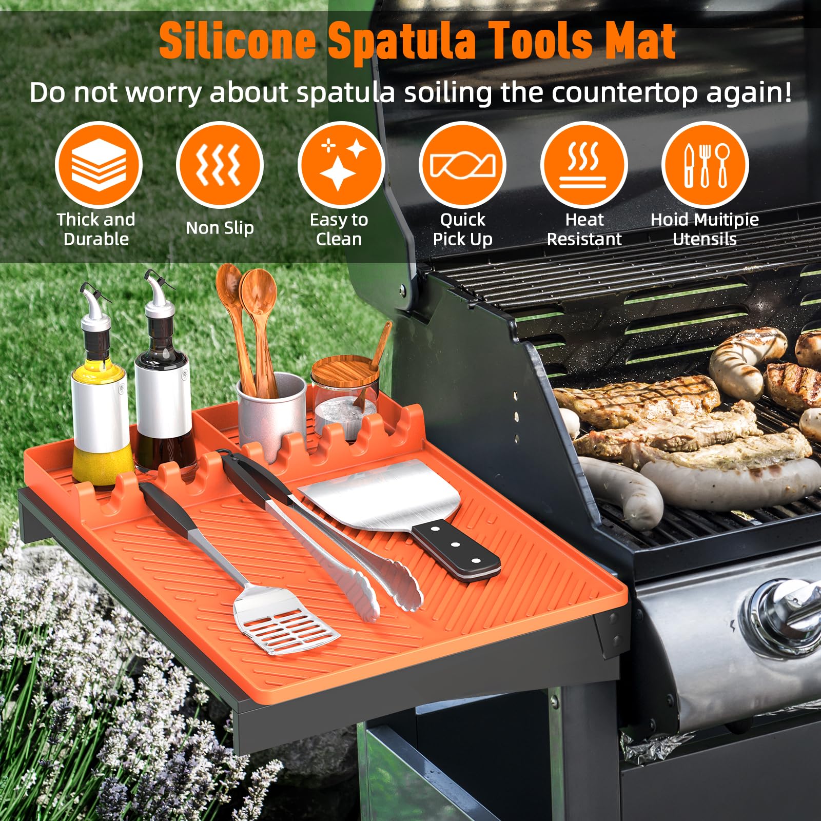 Silicone Grill Mat Compatible with Blackstone, Silicone Griddle Tools Mat with Drip Pad, Spatula Mat for Outdoor Grill Kitchen Counter (Orange)