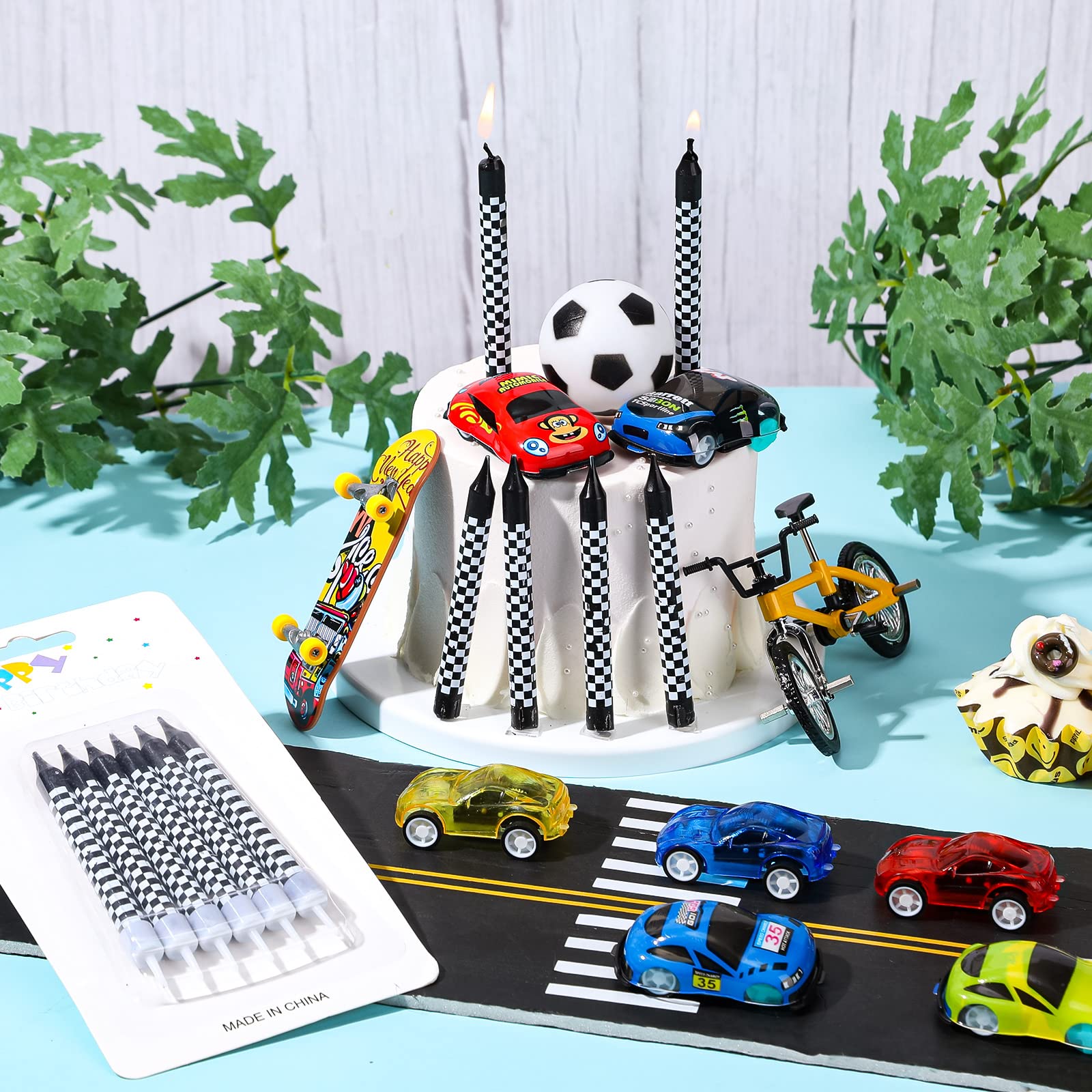 Cindeer 12 Pcs Racing Cars Themed Birthday Candles Black and White Checkered Flag Cupcake Topper for Racing Cars Party Decoration Baby Shower for Boys Children