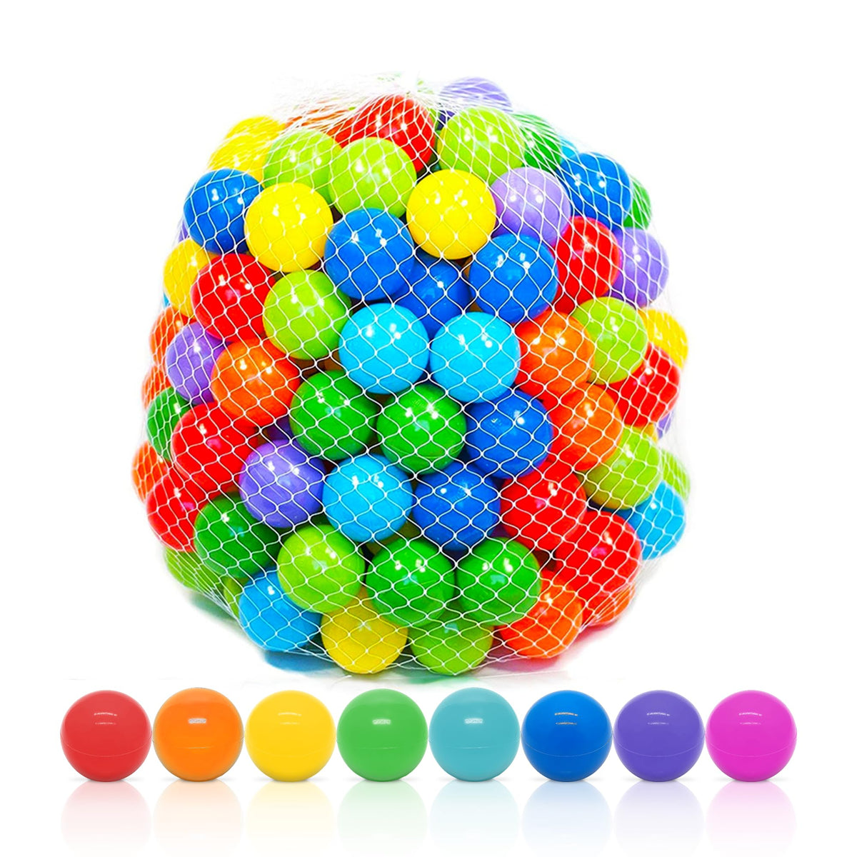 Playz Weiche Mini-Bälle für Bällebäder, 50 Stück – mit 8 leuchtenden Farben – trittfest, ohne scharfe Kanten, schadstofffrei, Phthalat- und BPA-frei für Bällebad, Spielzelte und Tunnel, innen und außen