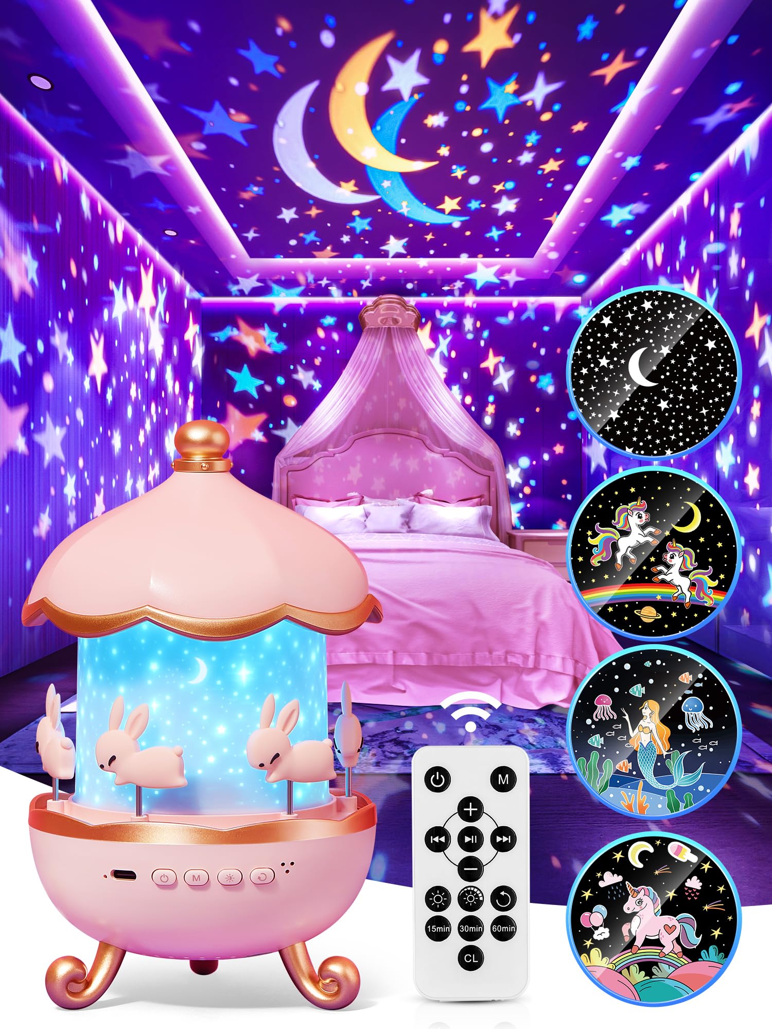 Carousel Night Light for Kids, 10 Music+15 Films+315 Colors Star Projector for Kids Night Light Projector,360 degrees+Remote+1200mah Star Lights for Ceiling, Unicorn Toys for Girls Room Decor Princess Gifts