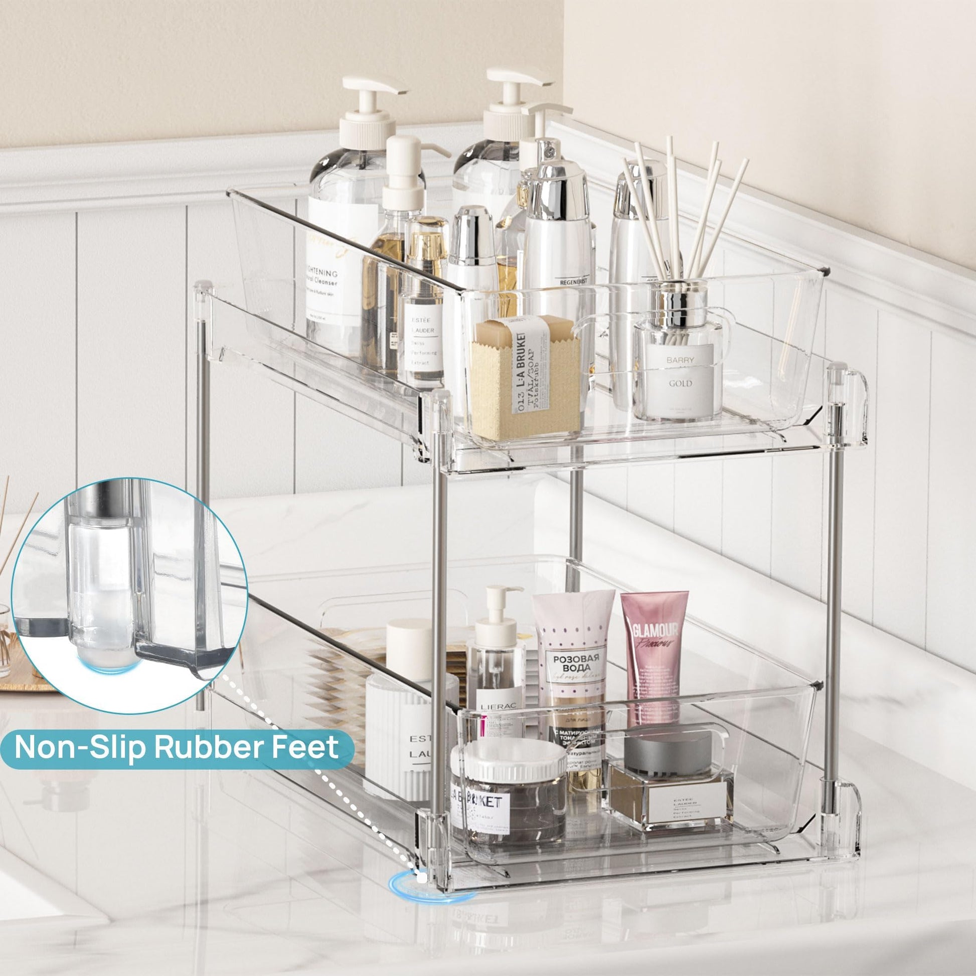 Vtopmart 4 Pack Bathroom Organizer, 2 Tier Clear Under Sink Organizers Vanity Countertop Storage Container,Cabinet Drawers Bins, Pull-Out Organization with Track for Pantry, Kitchen