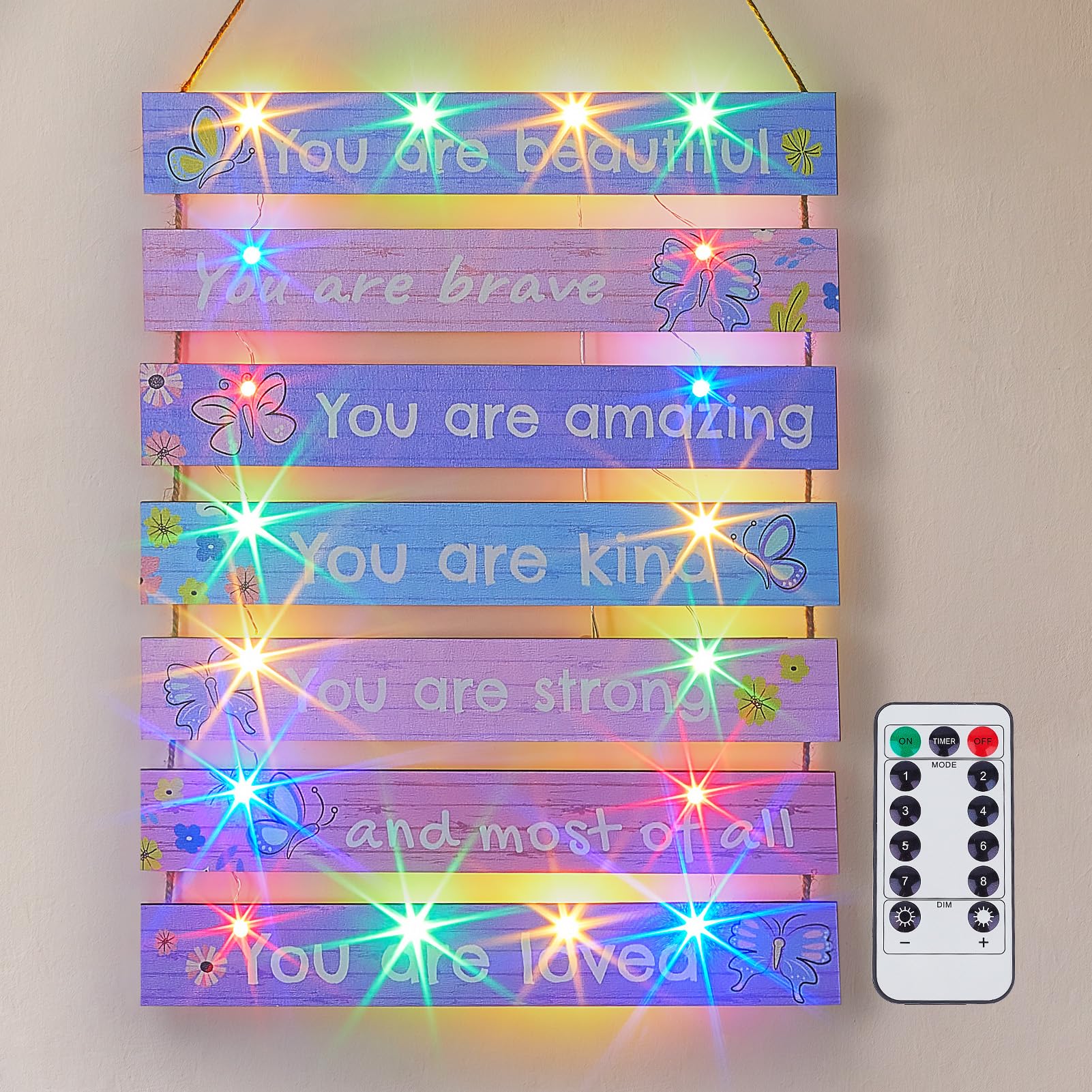 FIOBEE Mädchenzimmer-Deko für Teenager-Mädchen Jungen mit LED-Licht Wanddeko für Schlafzimmer Motivierende inspirierende Wandkunst Mädchenzimmer-Deko für Kinder-Arbeitszimmer, 8 Lichtarten, Lila Schmetterling