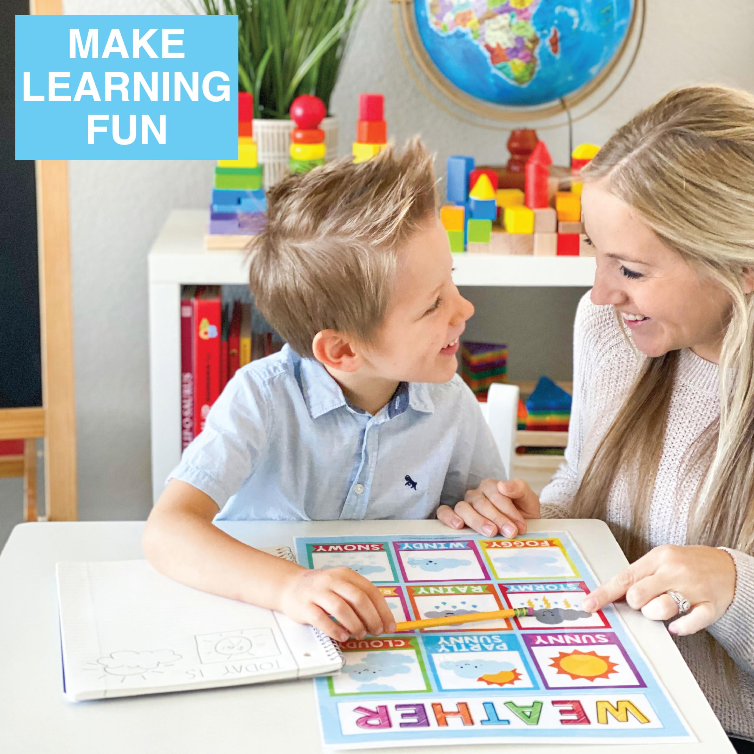 Hadley Designs 16 Educational Posters for Classroom & Kindergarten, Kindergarten Classroom Must Haves, Laminated PreK Learning Chart Materials US & World Map, ABC Alphabet, Shapes, Days of the Week