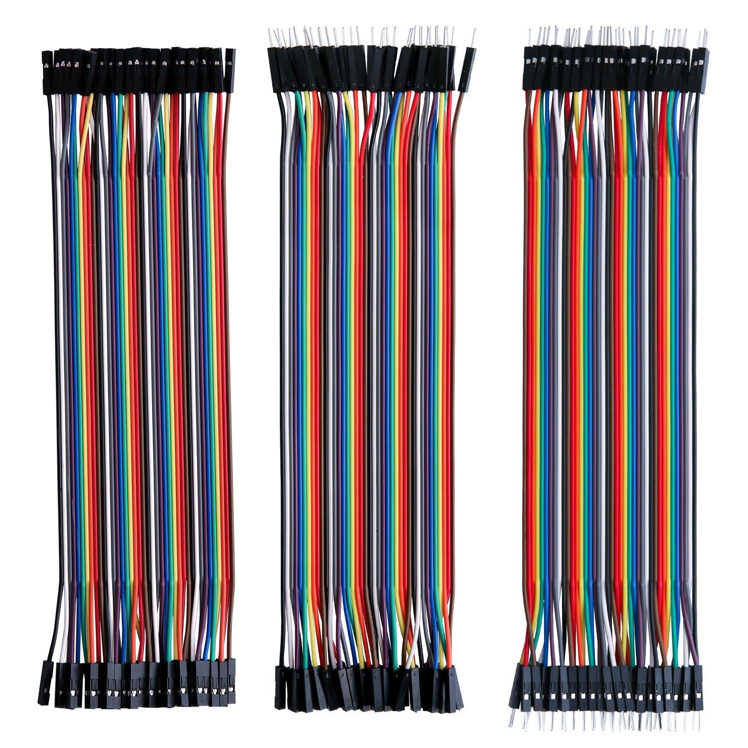 ELEGOO 120 Stück Mehrfarbiges Dupont-Kabel 40-polig Stecker auf Buchse, 40-polig Stecker auf Stecker, 40-polig Buchse auf Buchse Steckplatinen-Jumper-Kabel-Set Kompatibel mit Arduino-Projekten