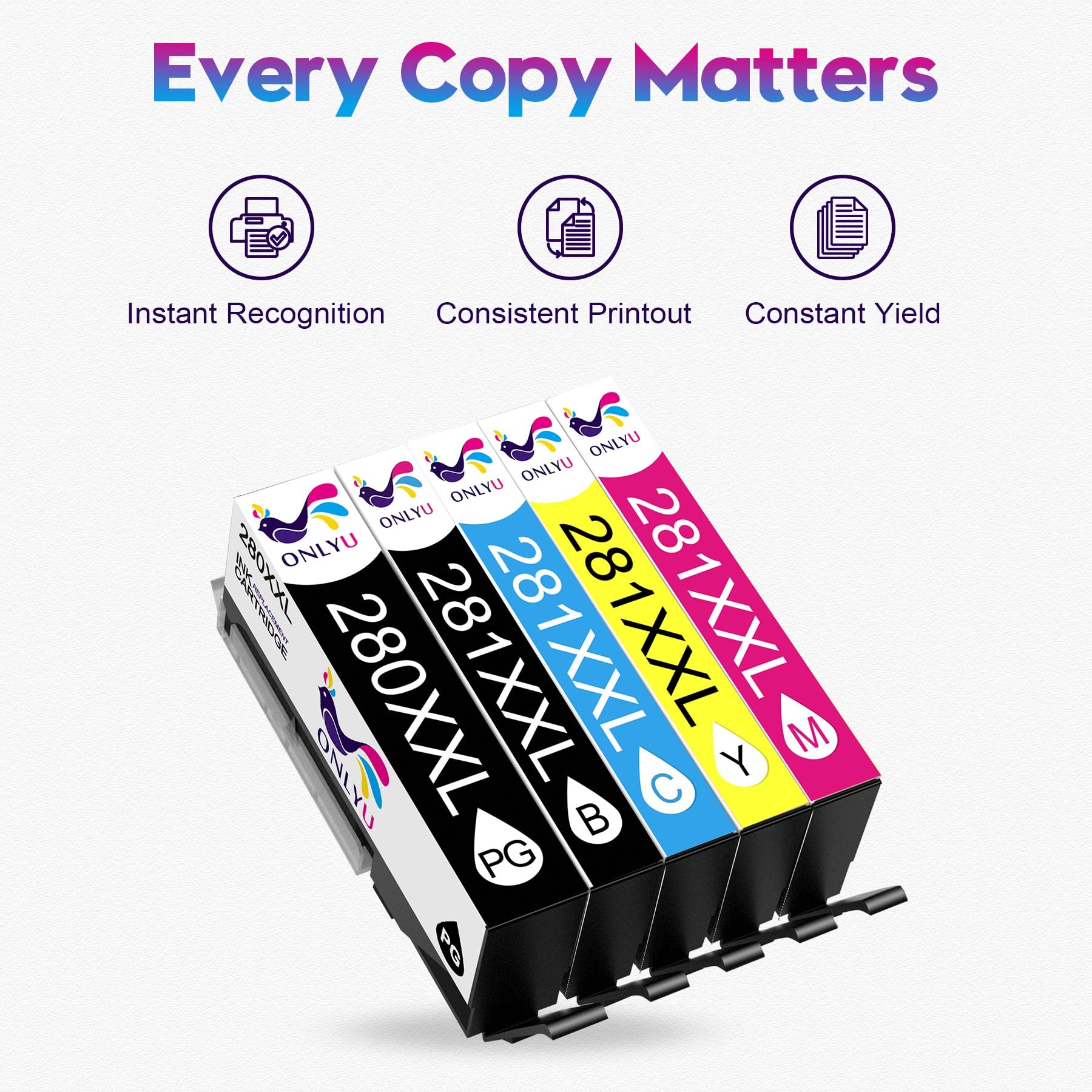 ONLYU 280XXL 281XXL Compatible for Canon Ink 280 and 281 Cartridges PGI-280XXL CLI-281XXL for Canon TR8520 Ink Cartridges for Pixma TR8620 TR8620a TS6320 TR7520 TS6120 TS6220 TS8220 TS9520 (5 Packs)