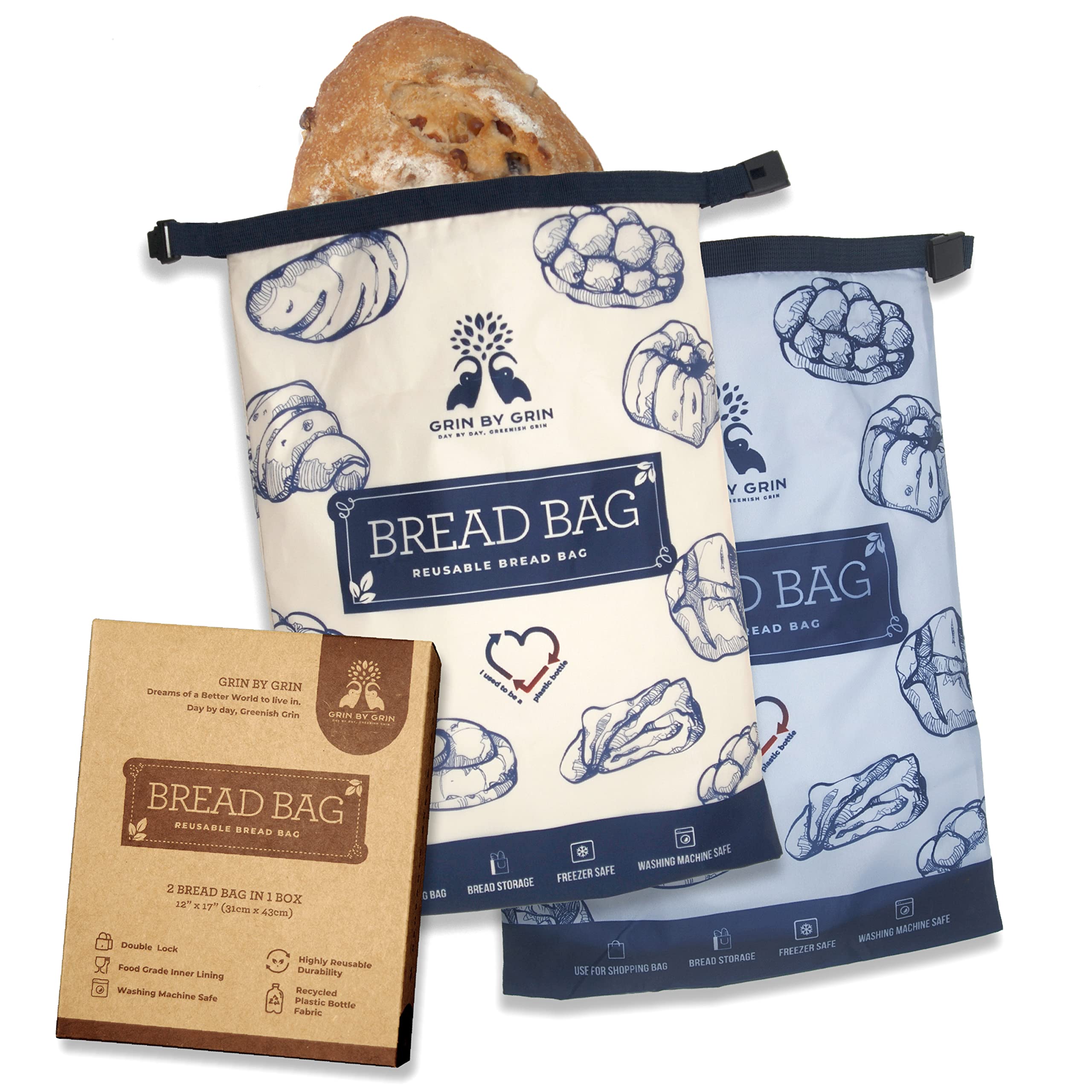 GRIN BY GRIN – 2er-Pack Brotbeutel, wiederverwendbare Brotbeutel mit Reißverschluss für selbstgebackenes Brot, Gefrierbehälter für Sauerteig, extra groß zur Frischhaltung, wiederverwendbarer Lebensmittelaufbewahrungsbeutel