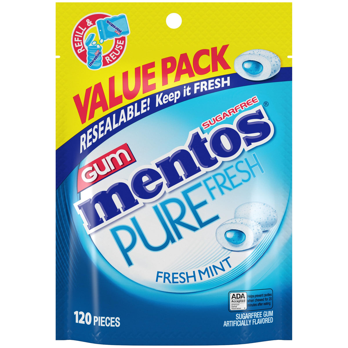 Mentos Pure Fresh Zuckerfreier Kaugummi mit Xylit, Fresh Mint, 120 Stück Großpackung im wiederverschließbaren Beutel (1er-Pack)