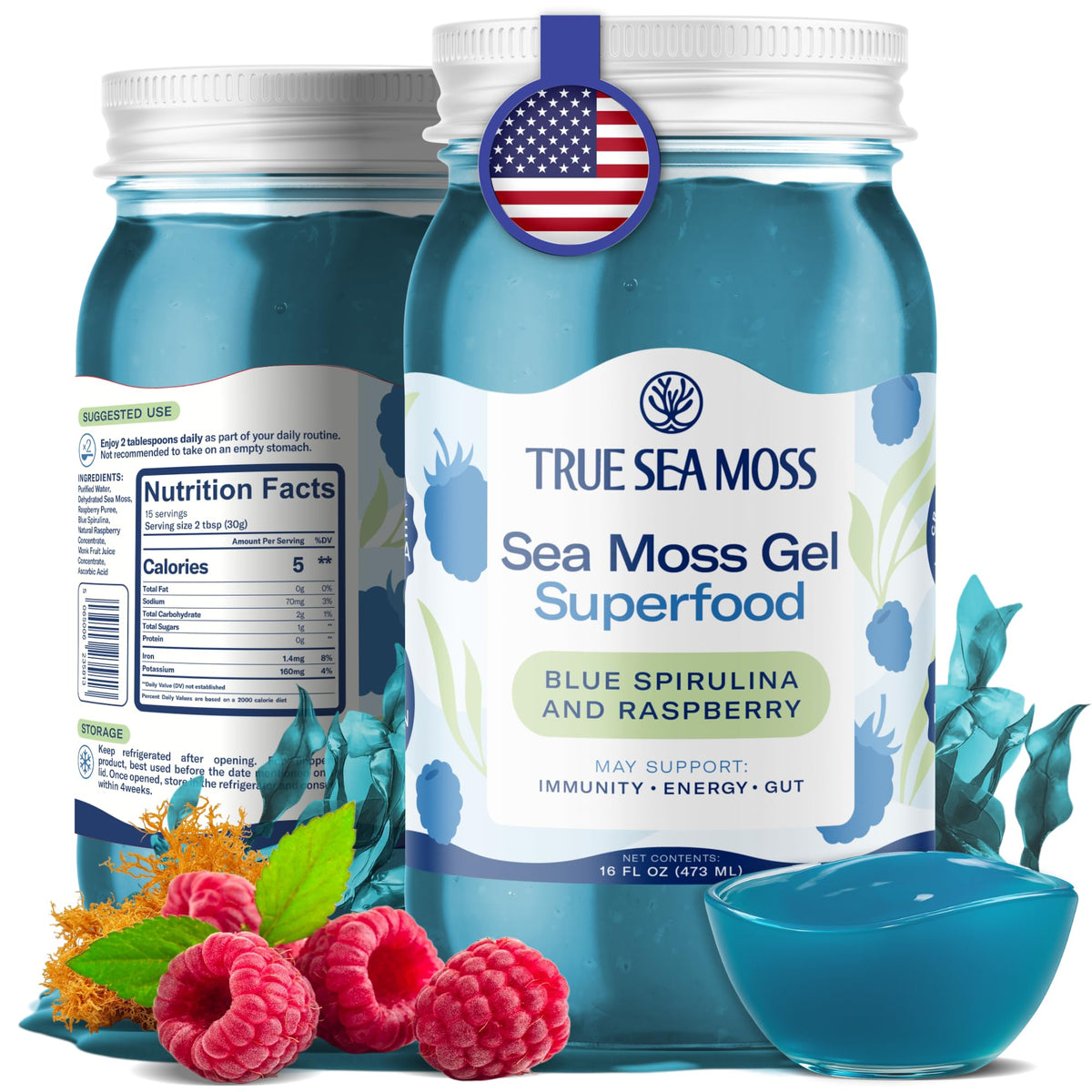 TrueSeaMoss Meeresalgen-Gel – Hergestellt in den USA – Wildgeernteter Seemoos, frisches Obst & Meeresgemüse – Blaue Spirulina, 1er-Pack (Etiketten können variieren)
