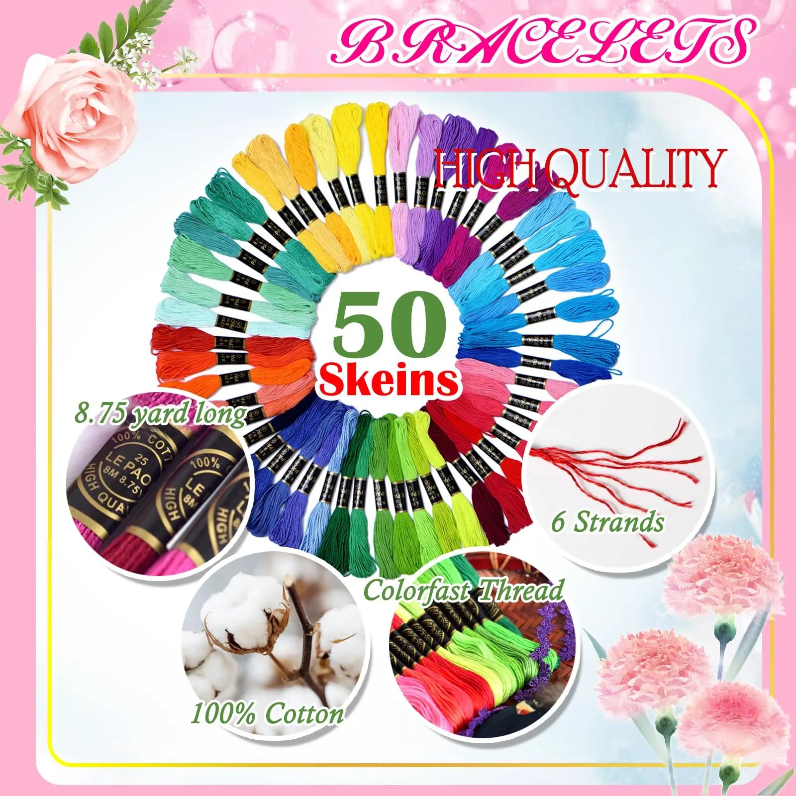Friendship Bracelet String 50 Skeins Fashionable Rainbow Color Embroidery Floss Cross Stitch Embroidery Thread Cotton Floss Bracelet Yarn, Craft Floss