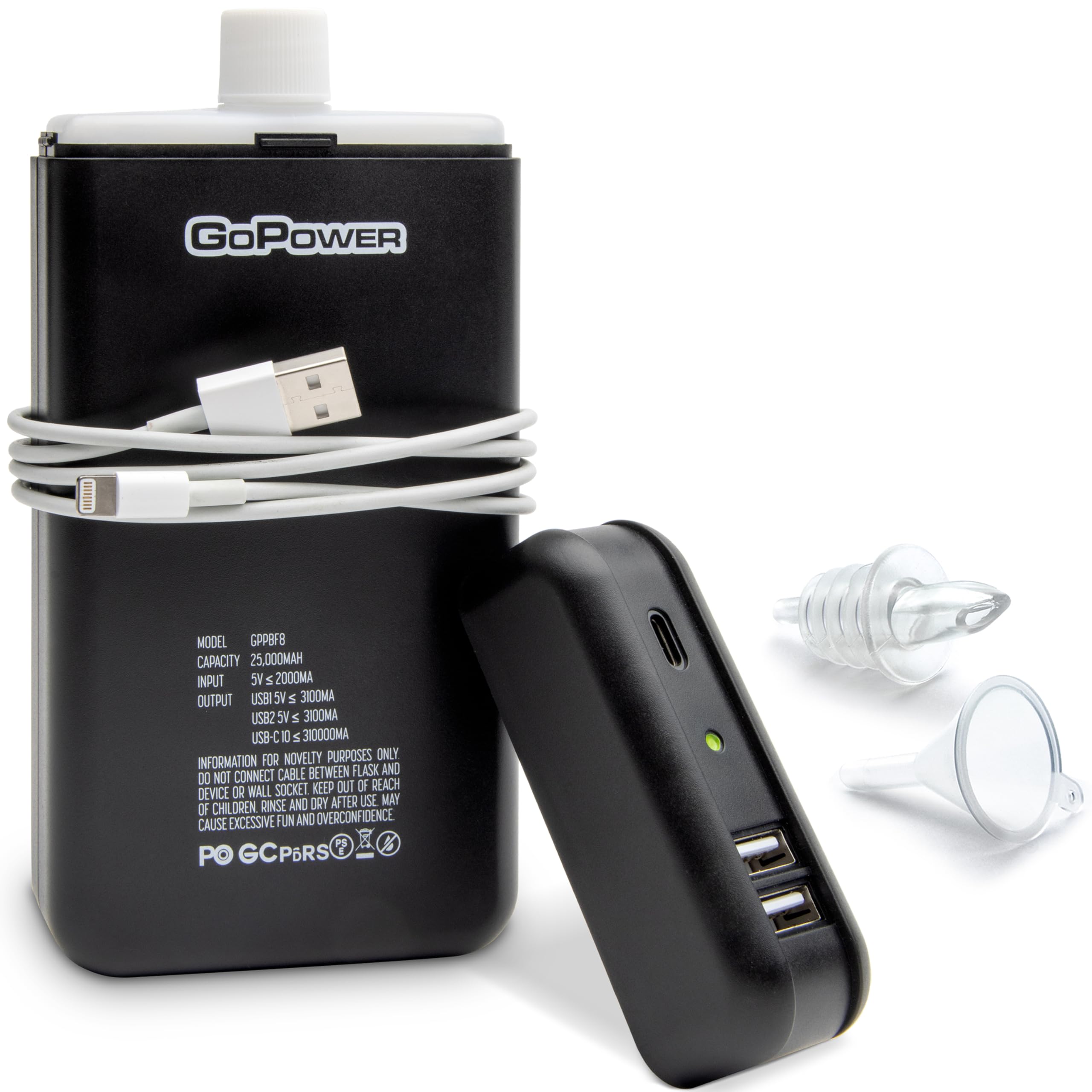 GoPong Powerbank Flachmann (236 ml) – Versteckter Reiseflachmann für Alkohol – Geheimbehälter für Spirituosen für Strände, Kreuzfahrten und Sportveranstaltungen – Inklusive Trichter & Ausgießer
