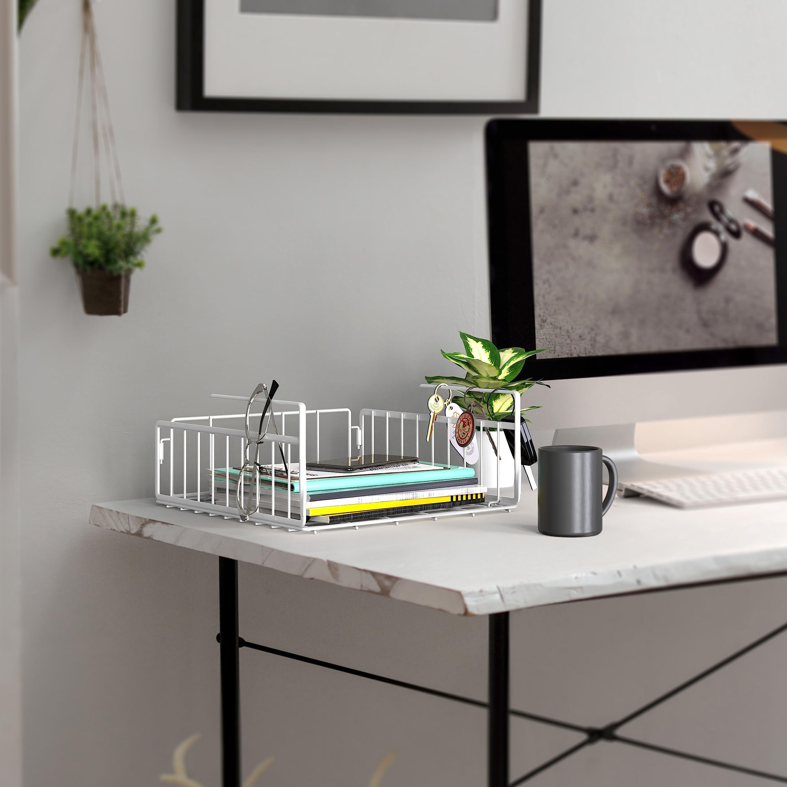 Simple Houseware Under Shelf Basket, White – 2-Pack Space-Saving Storage Organizer for Kitchen, Pantry, Closet, Office – Wire Metal Shelf Organizer, No Tools Required