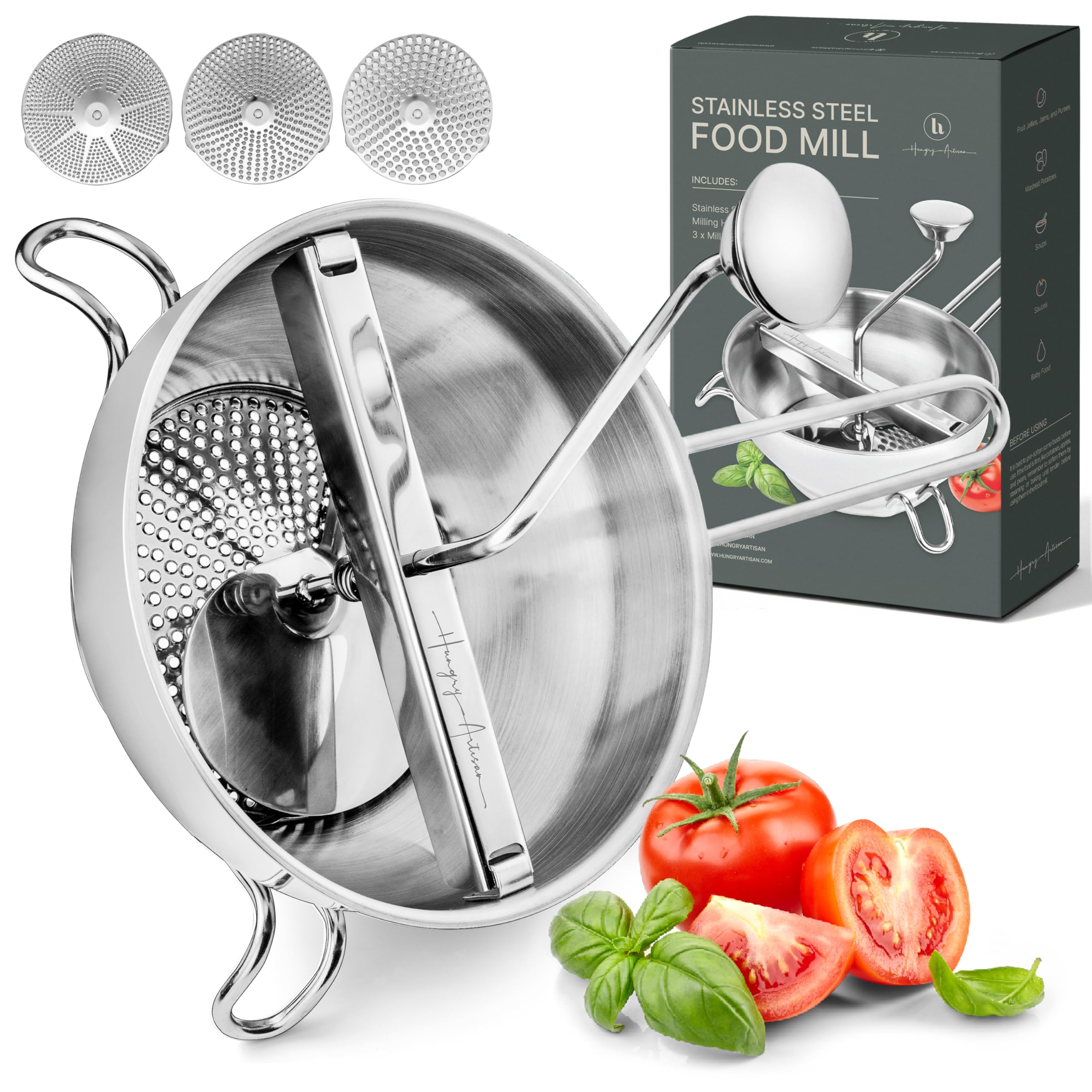 Ergonomische Passiermühle aus Edelstahl mit 3 Mahlscheiben - Gemüsemühle für Tomatensauce, Apfelmus, Püree, Kartoffelbrei, Marmeladen, Babynahrung