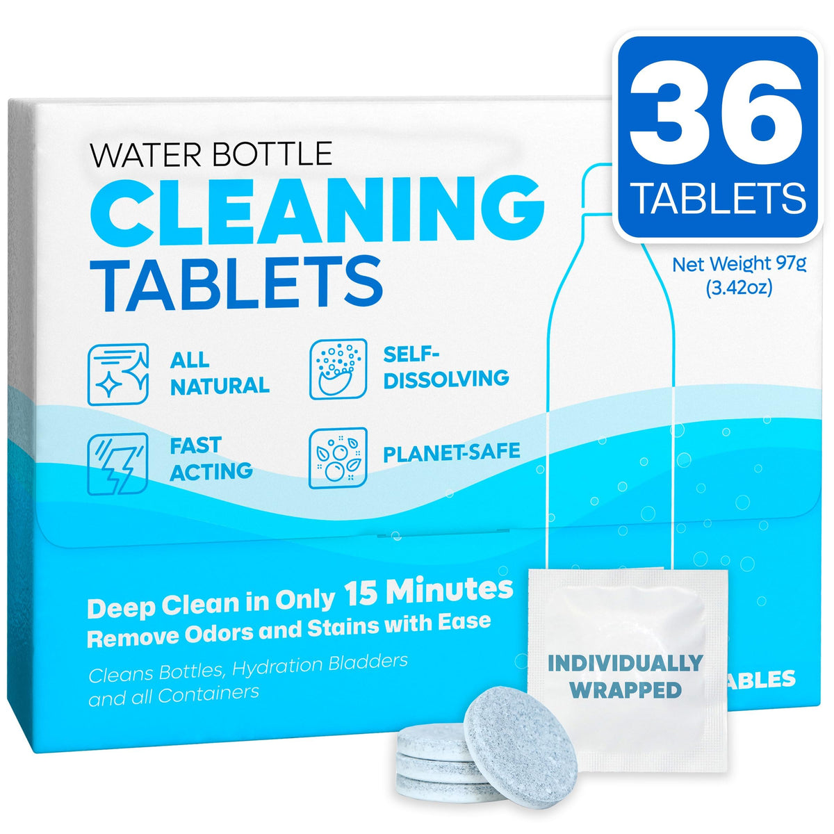 Sudstainables Water Bottle Cleaning Tablets - 36-Pack, Chlorine-Free and Odorless Cleaner for Hydration Bladders, Stainless Steel, Tumblers, and Glass Bottles - Removes Stubborn Stains and Odors