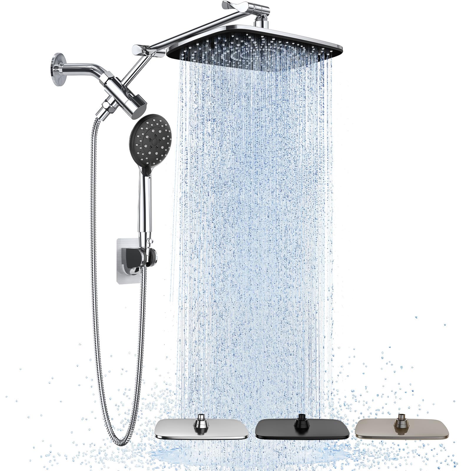 Veken Wide Rain Shower Head with Handheld, High Pressure Rainfall Showerhead Combo with Arm for Bathroom Accessories, Home Decor, Detachable Dual Shower with Multi Modes Handheld Spray, Silver Chrome