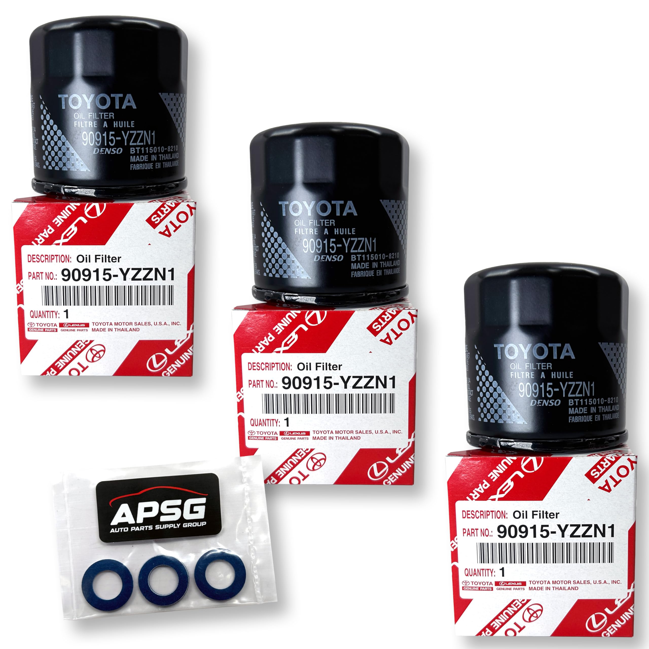 Original Ölfilter 90915-YZZN1 / 90915-YZZF2 mit APSG Ölablassschrauben-Dichtungen | 3ER-PACK | Kompatibel mit Toyota/Lexus/Scion