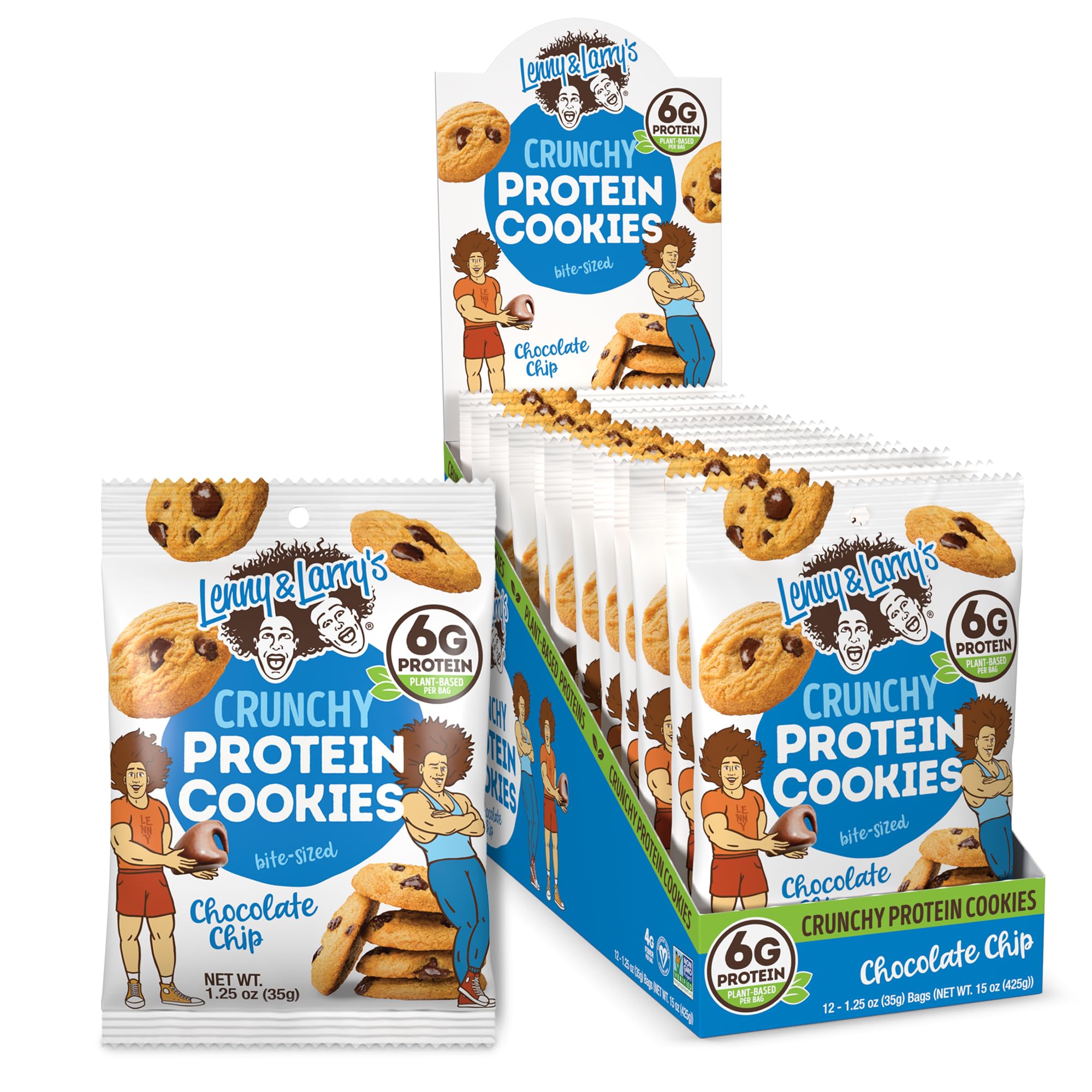 Lenny & Larry's The Complete Crunchy Cookie, Chocolate Chip, 6g Plant Protein, Vegan, Non-GMO, 1.25 Ounce Pouch (Pack of 12)