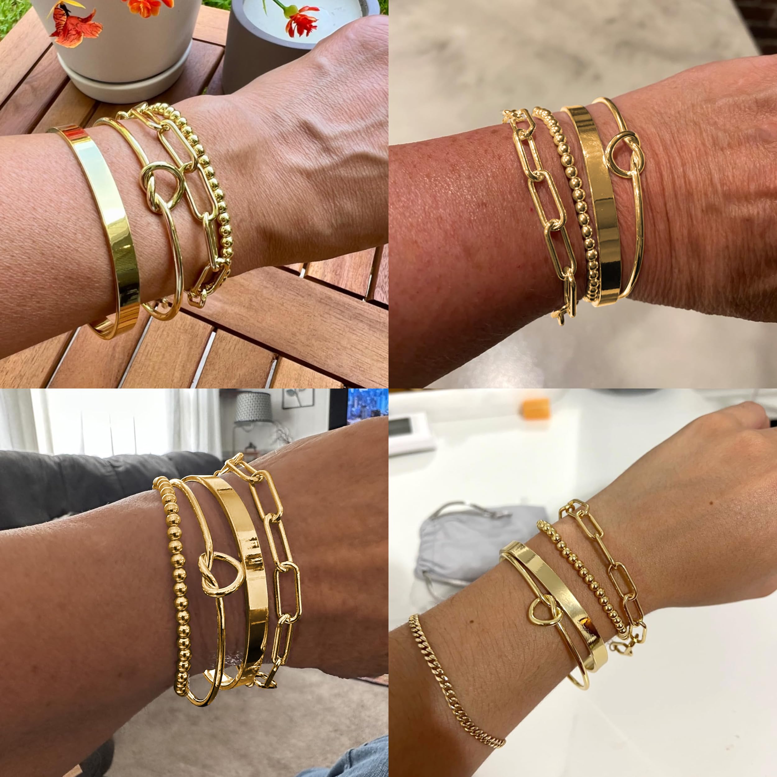 Gold Bangle Cuff Bracelets for Women Stack 14K Gold Plated Non Tarnish Bracelet Set Dainty Waterproof Jewelry for Women Trendy