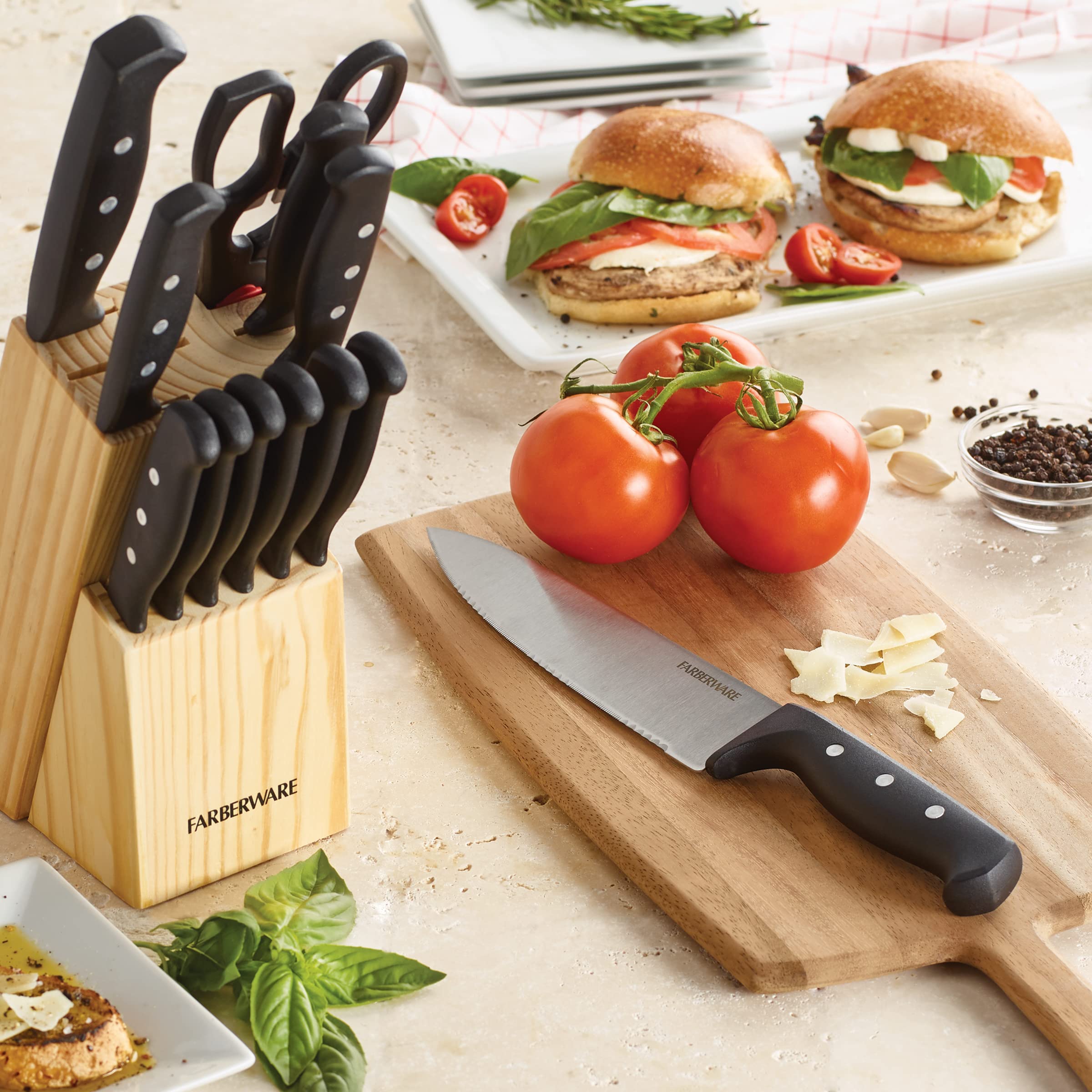 Farberware 22-Piece Never Needs Sharpening Triple Rivet High-Carbon Stainless Steel Knife Block and Kitchen Tool Set, Black, Durable ANDPrecision Cutlery