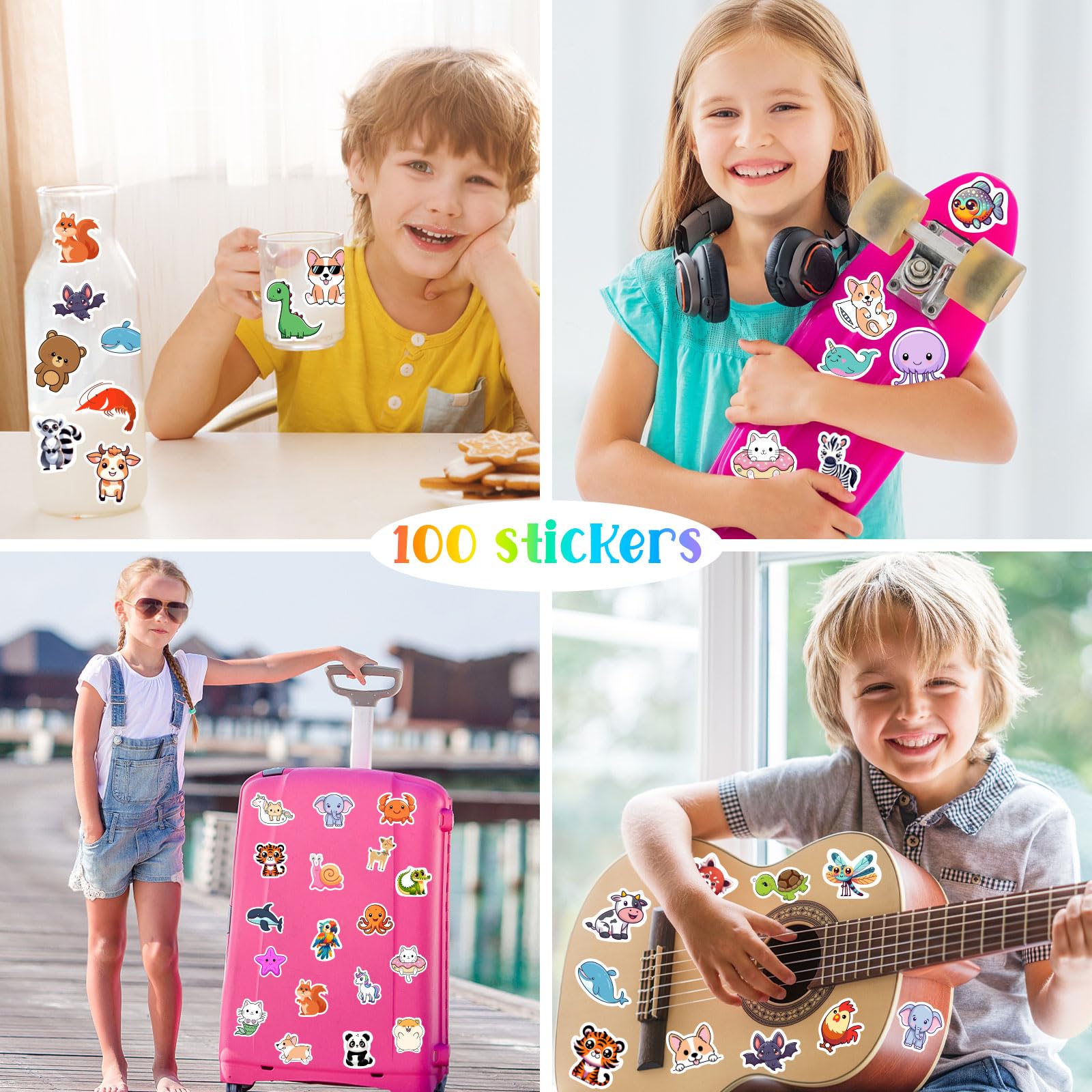 RINOLY 100 PCS Water Bottle Stickers for Kids,Waterproof Vinyl Animal Stickers for Kids,Skateboard,Laptop Stickers for Girls Boys Classroom Prizes