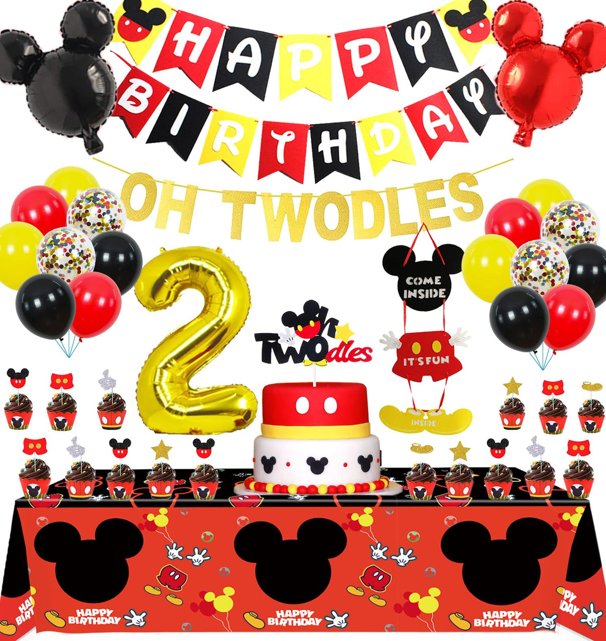 Mickey Maus 2. Geburtstag Partyzubehör Oh Twodles Motto Party Dekorationen enthält Filzbanner, Willkommens-Hänger Türschild, Tischdecke, Kuchen-Cupcake-Topper, Mickey Kopf Ballons, 12 Latexballons,