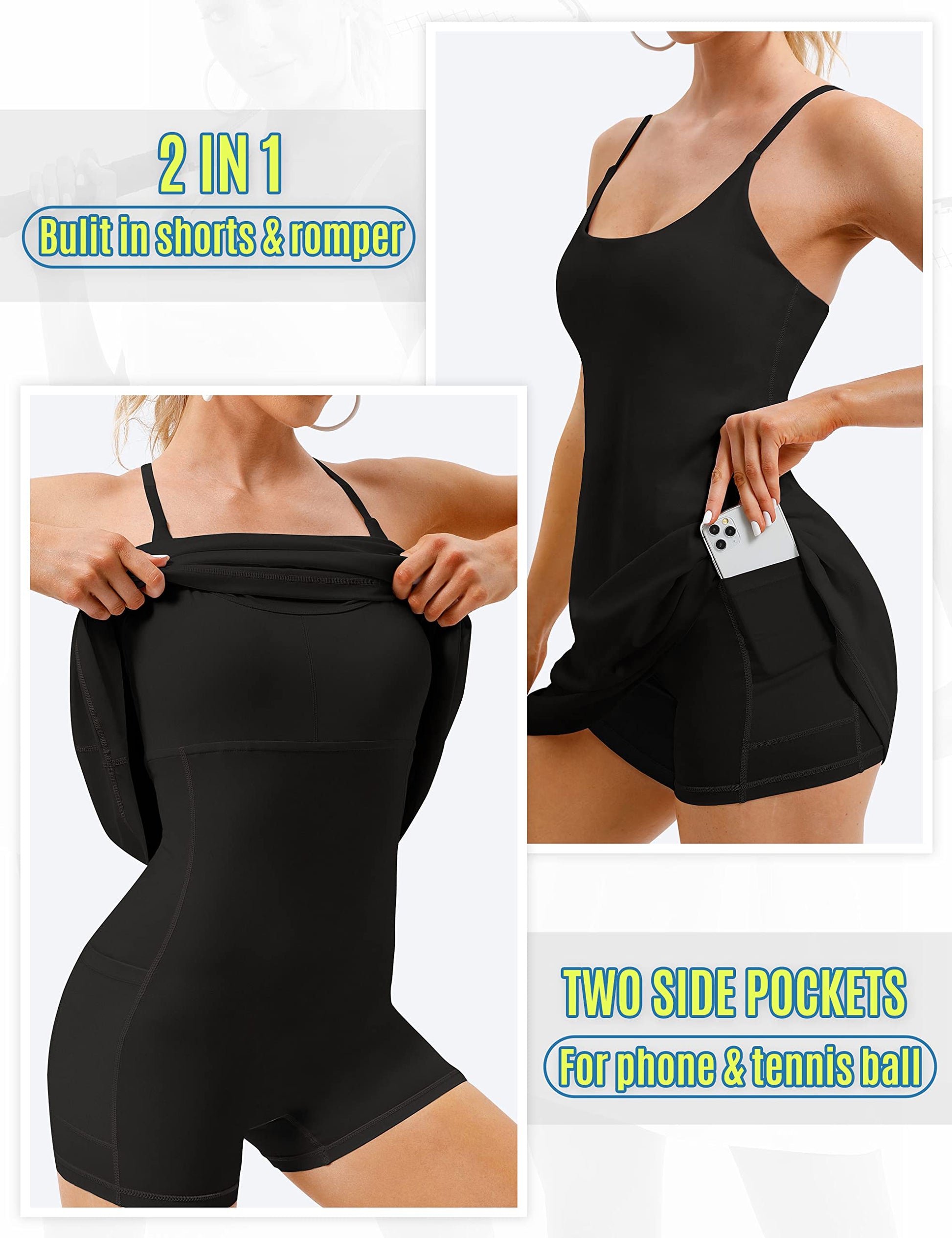 Womens Tennis Dress, Athletic Dress with Built-in Bra & Shorts Pockets Summer Dresses for Women Golf Outfits for Workout Black