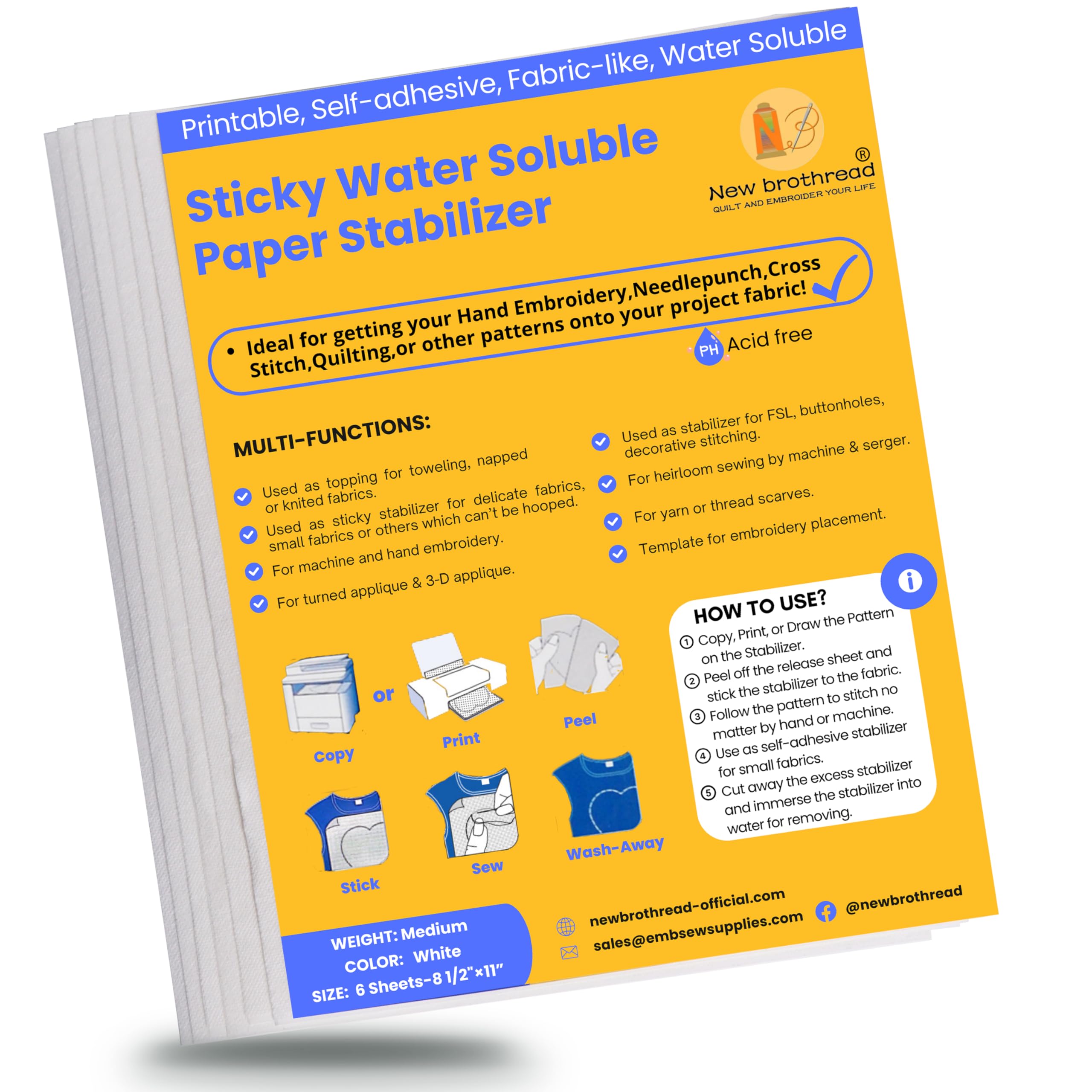 New brothread 6PCS 8.5"x11" klebriger, wasserlöslicher Stickvlies bedruckbares Papier-Stickvlies – mittelschwer – zum Bedrucken oder Zeichnen von Mustern geeignet, am besten für Hand- und Maschinenstickerei