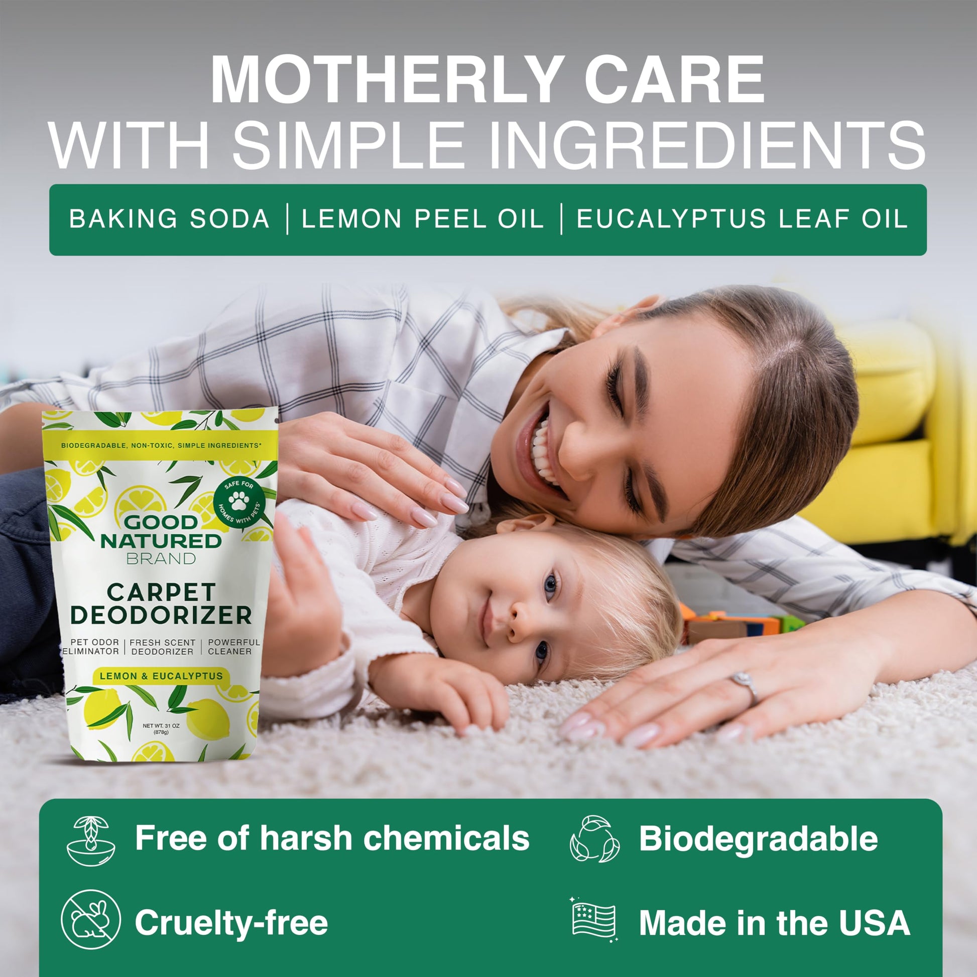 Good Natured Brand | Carpet Deodorizer & Freshener Powder | 31 oz Pet Odor Eliminator for Strong Odor & Pet Urine | Fresh Natural Lemon & Eucalyptus Scent | Safe for Homes with Pets