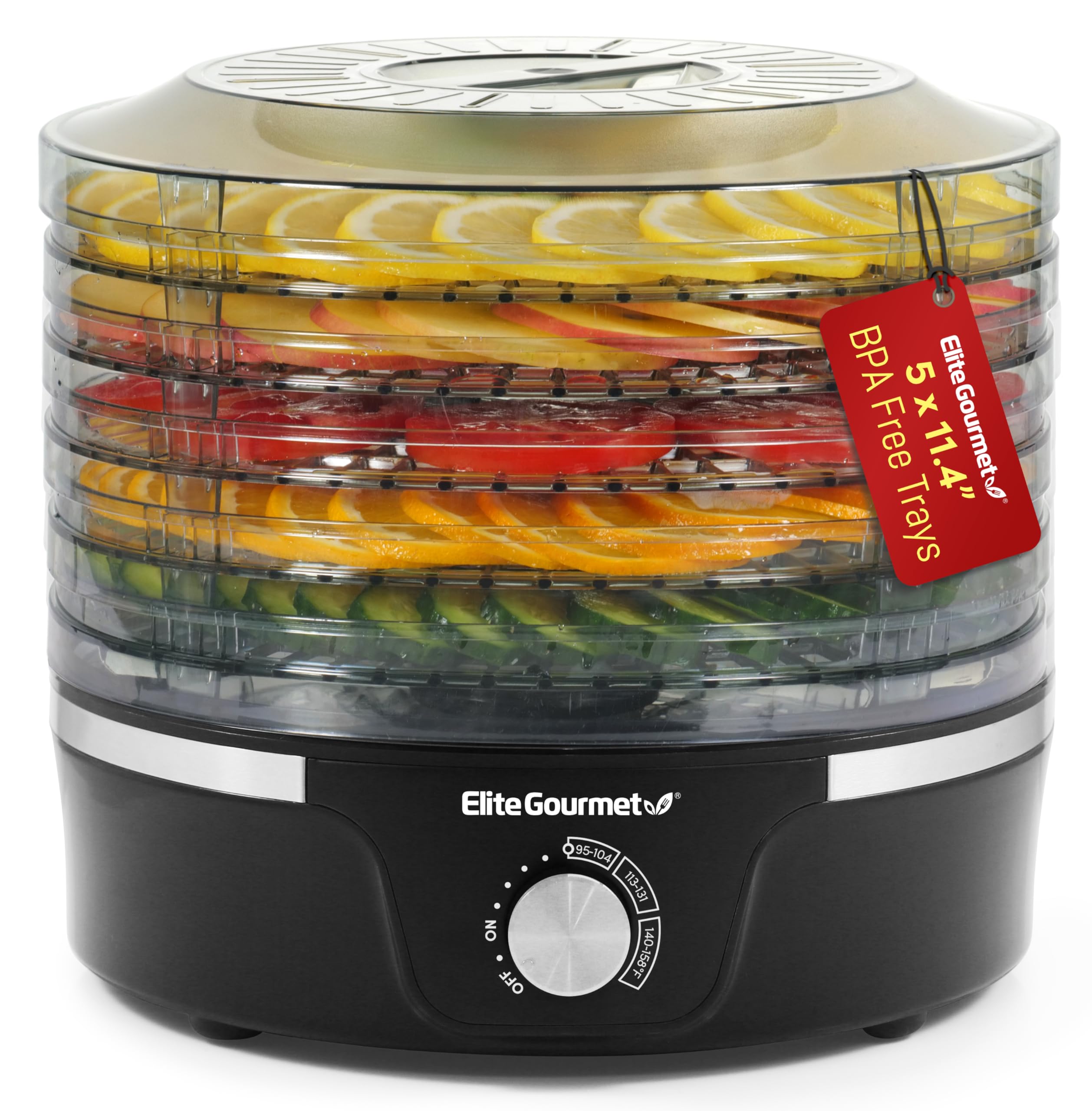 Elite Gourmet EFD319 Dörrautomat, 5 BPA-freie 29 cm große Einschübe, einstellbare Temperaturregelung, für Dörrfleisch, Kräuter, Obst, Gemüse, getrocknete Snacks, Schwarz
