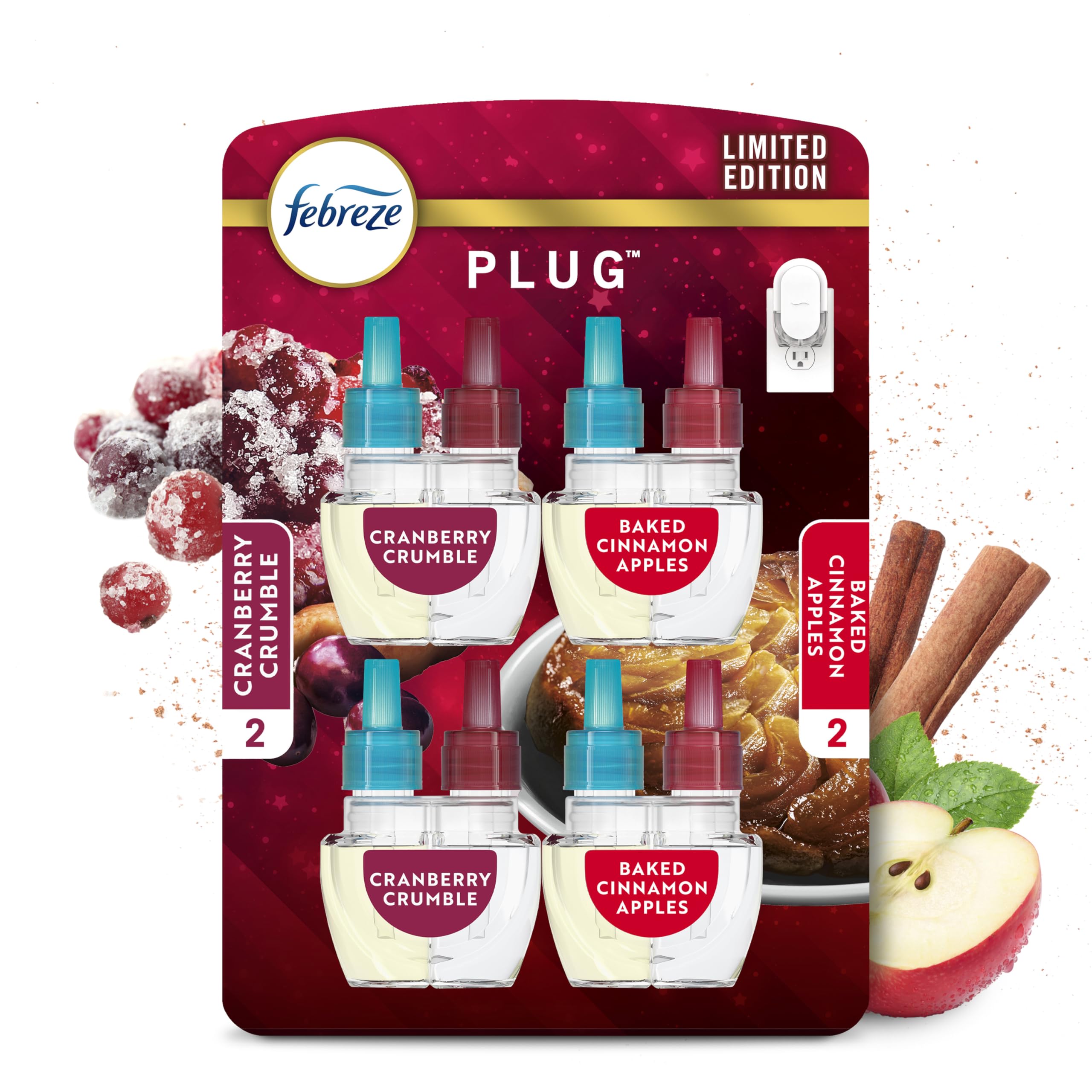 Febreze Geruchsbekämpfender Fade Defy PLUG Lufterfrischer Gebackener Zimtapfel, Cranberry Crumble, 25,7 ml Öl-Nachfüller, 2 Stück von jeder Sorte
