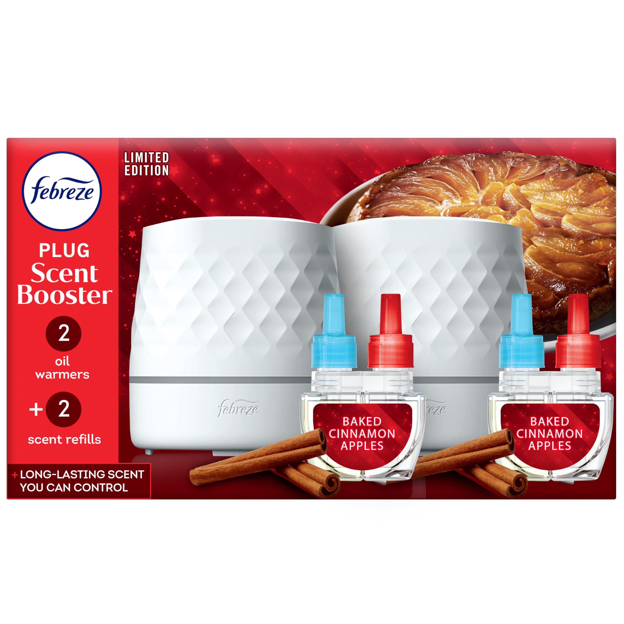 Febreze Plug Scent Booster Starter-Kit, Duftöl-Diffusor, Lufterfrischer für die Steckdose, kontinuierlicher Duft, 2 Geräte + 2 Nachfüllpackungen mit Gebackenem Zimtapfelduft