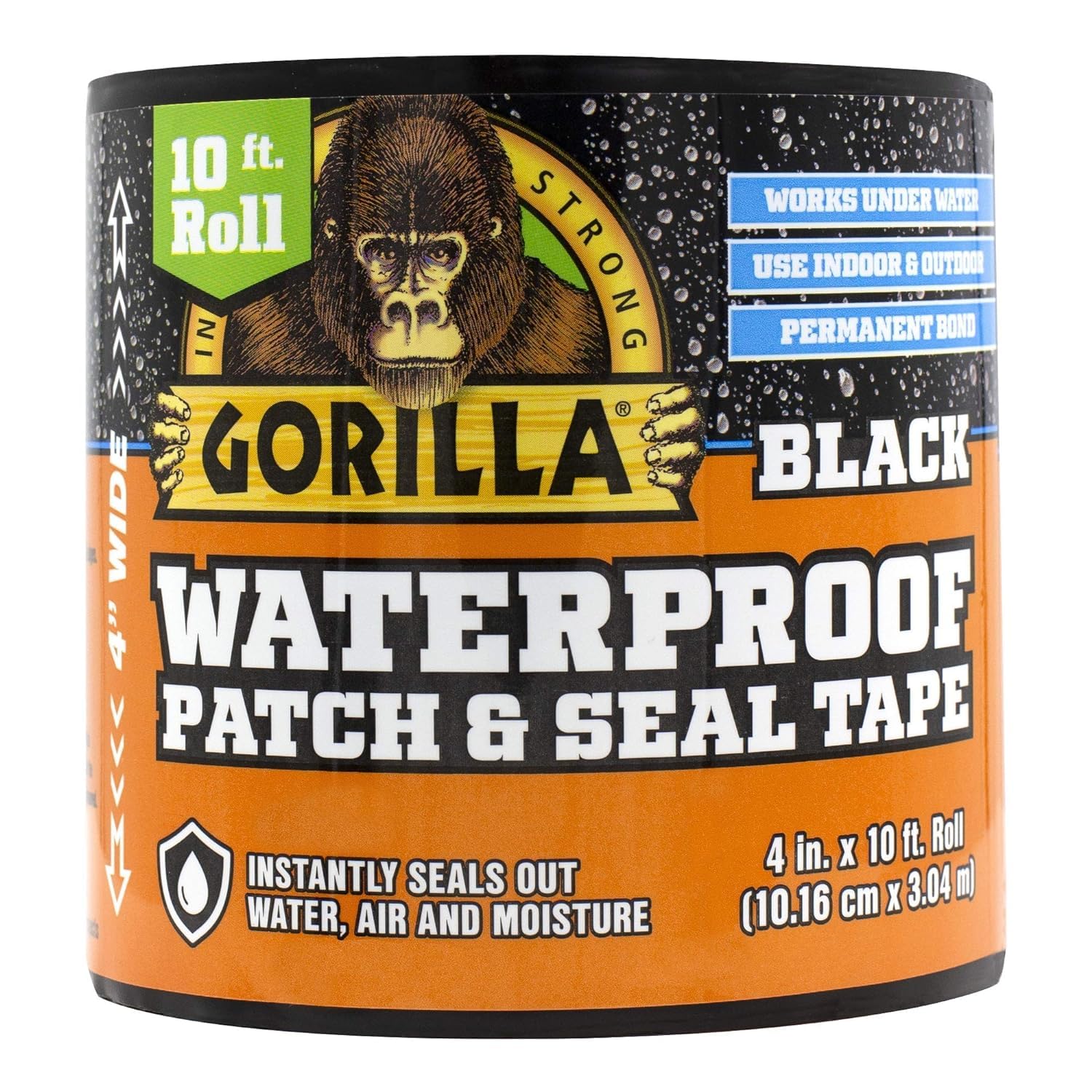 Gorilla Wasserdichtes Patch- und Dichtungsband, schwarzes Klebeband, 10 cm x 3 m (1er-Pack) – Permanente wetterbeständige Abdichtung für Lecks und Reparaturen