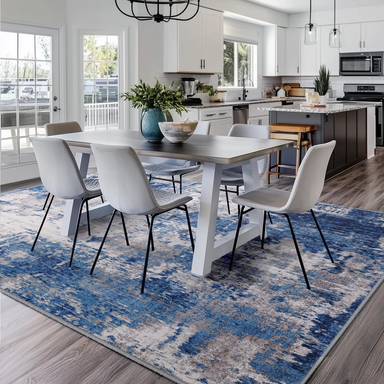 RELEANY Washable Area Rugs 5'x7' Non-Slip Modern Abstract Soft for Living Room Entryway Bedroom Nursery, Print Pattern, Blue Grey Navy Gray