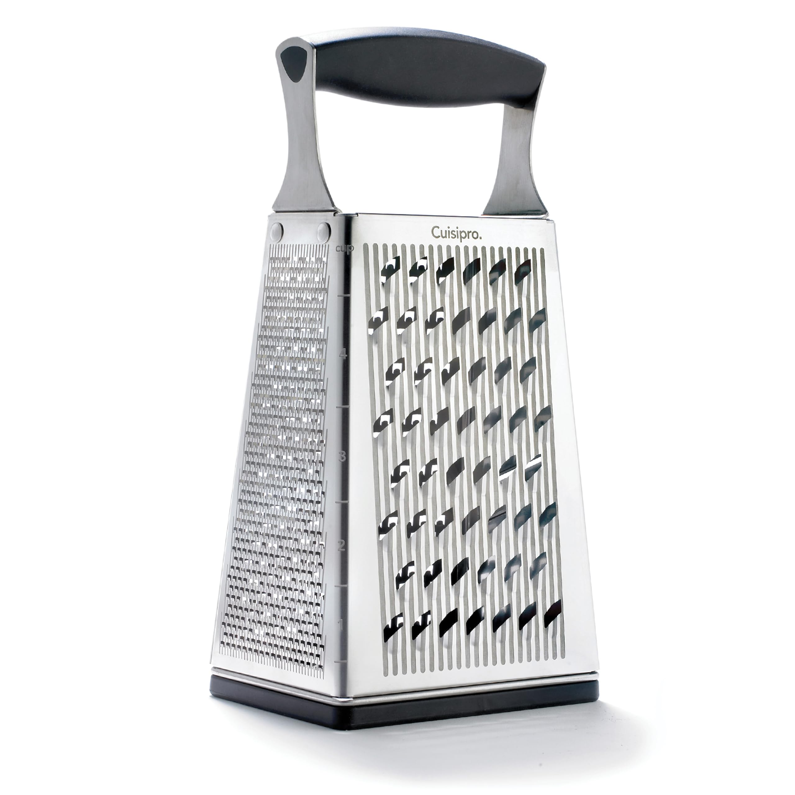 Cuisipro Stainless Steel Cheese Grater with Handle, 4 Sided Box Grater for Kitchen, Ginger Grater Dishwasher Safe, Fruit and Vegetables Slicer, Cheese Shredder for Potato, Chocolate, Parmesan, Ginger