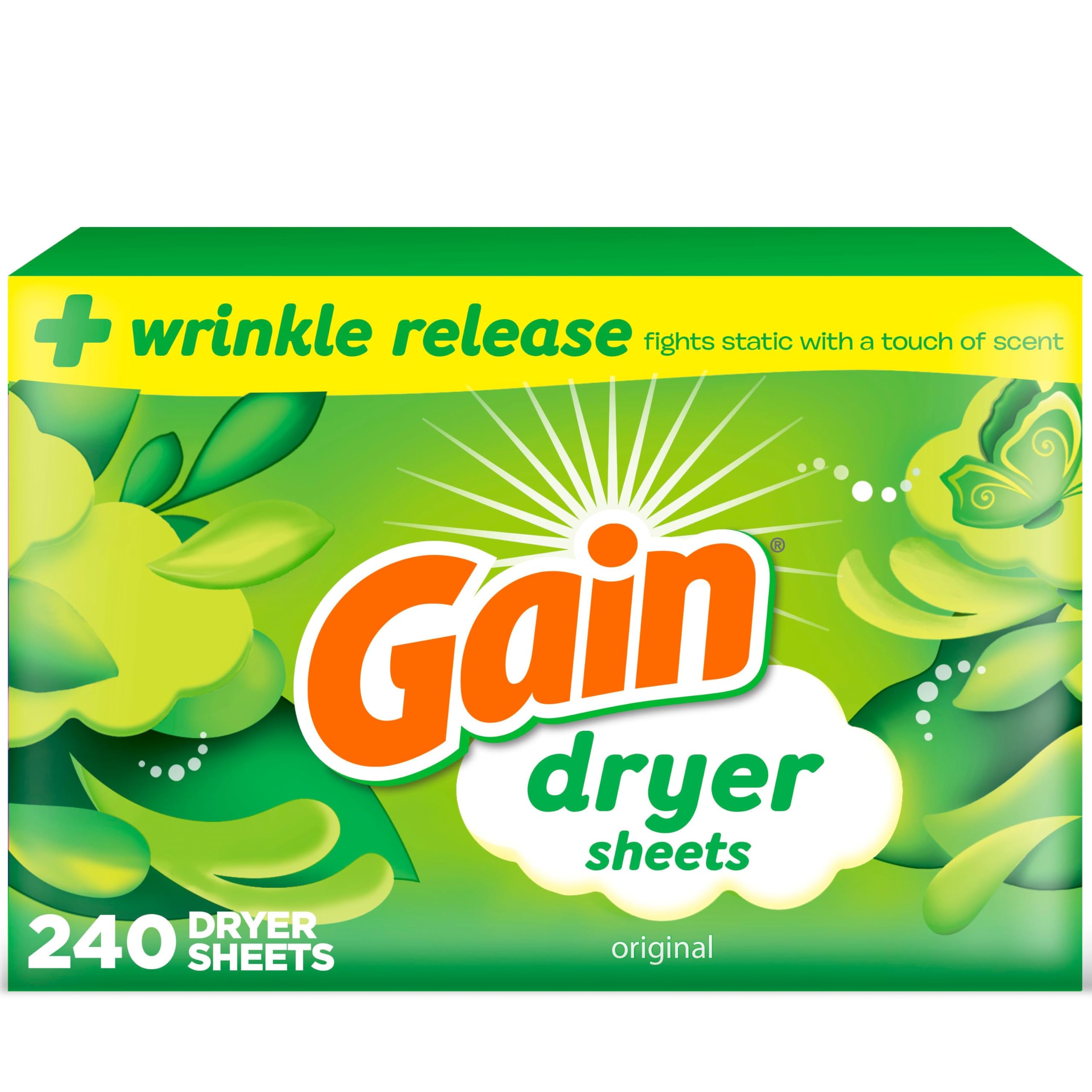 Gain Dryer Sheets Plus Wrinkle Release, Originalduft, 240 Stück, bekämpft statische Aufladung mit einem Hauch von Duft, Wäschetücher