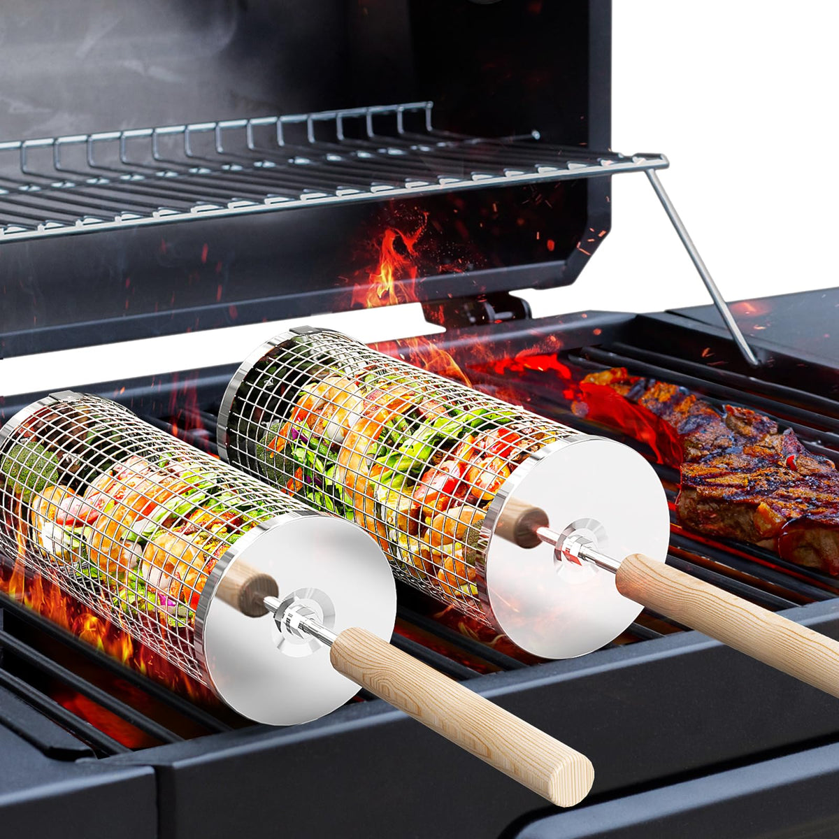 ivtivfu Rolling Grill Basket, Removable Wooden Handle, 304 Stainless Steel, Nesting BBQ Tools, Smoker Grilling Accessories for Vegetable, Outdoor Cooking Camping, Birthday Gifts for Men Dad Husband