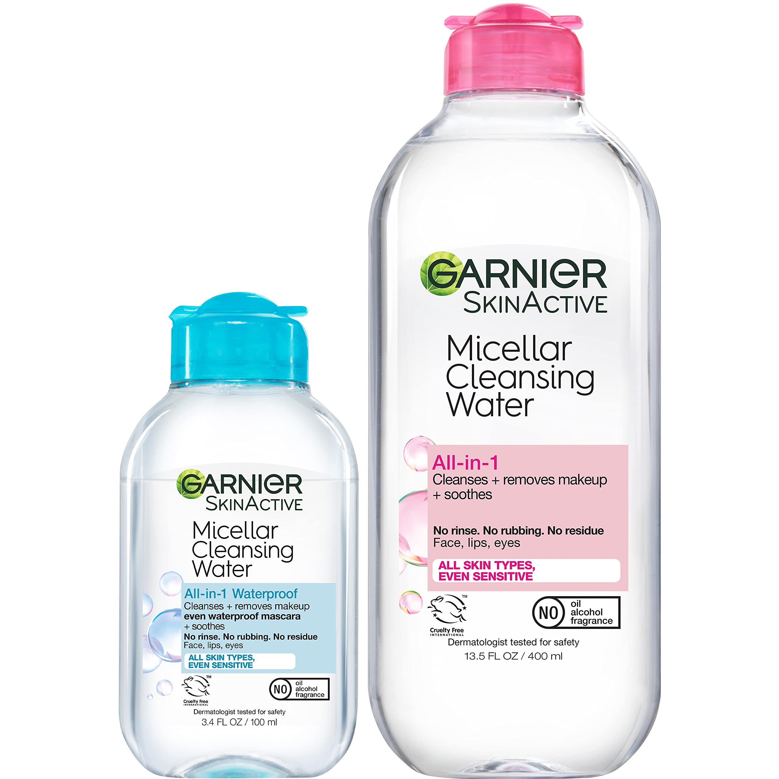 Garnier Mizellen Reinigungswasser, Für alle Hauttypen, 400 ml + Mizellen Reinigungswasser, Für wasserfestes Make-up, 100 ml