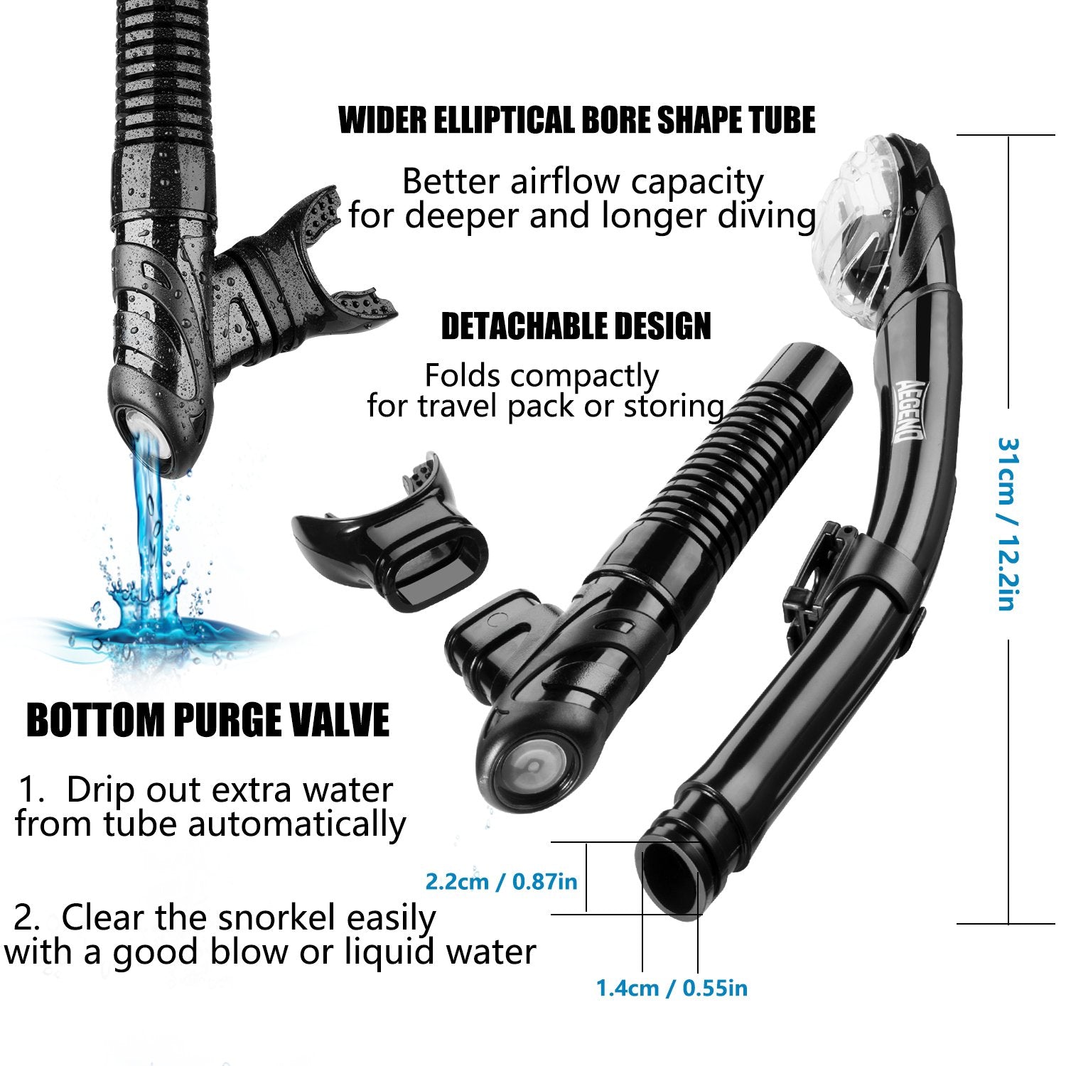 Aegend Dry Snorkel, Easy-Breath Free Diving Snorkel for Snorkeling Scuba Diving Freediving Swimming, with Top Dry Valve and Food-Grade Silicone Mouthpiece for Adult Youth, Black
