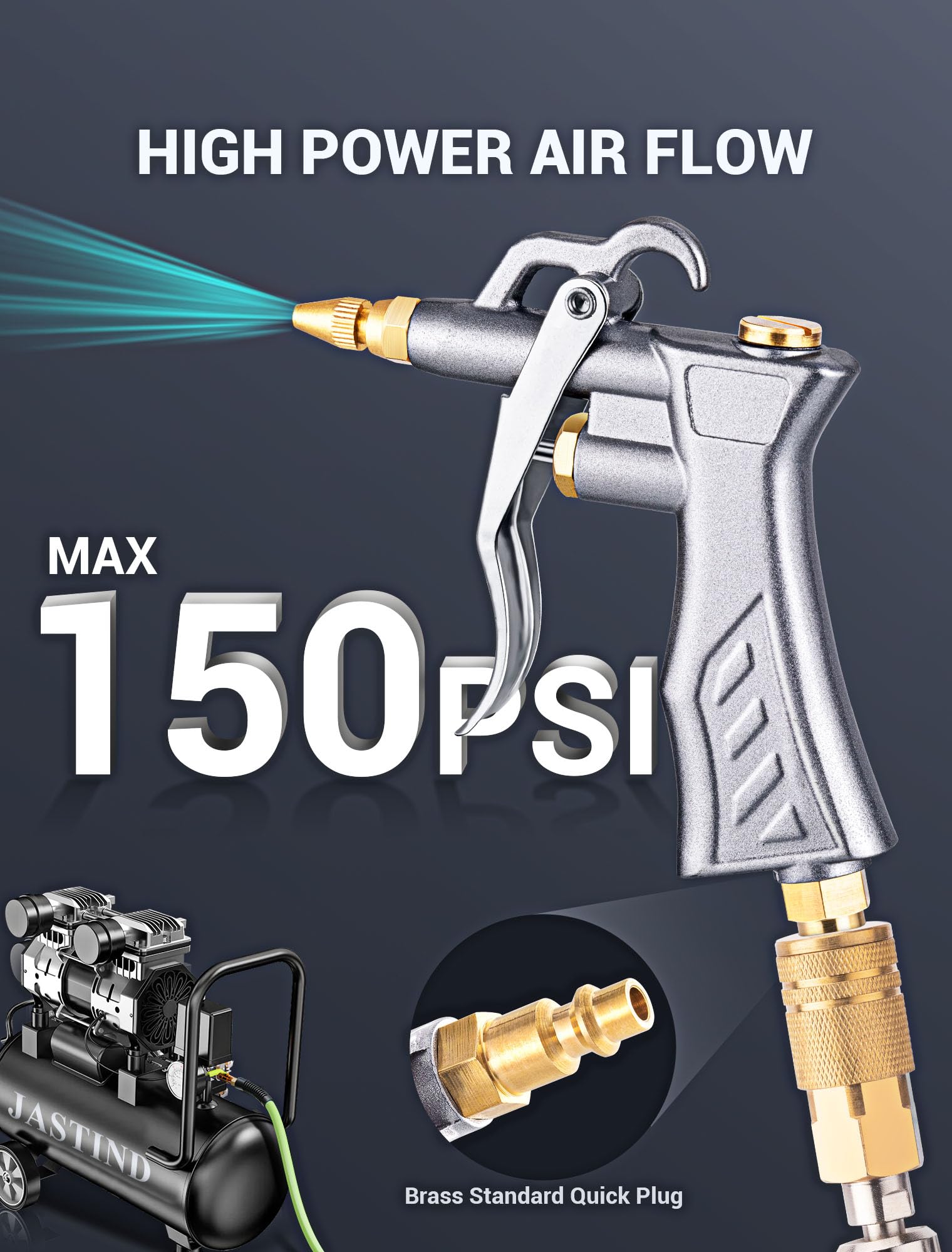JASTIND Industrial Air Blow Gun with Brass Adjustable Air Flow Nozzle and 2 Steel Extension, Pneumatic Air Compressor Accessory Tool Dust Cleaning and Blower Gun