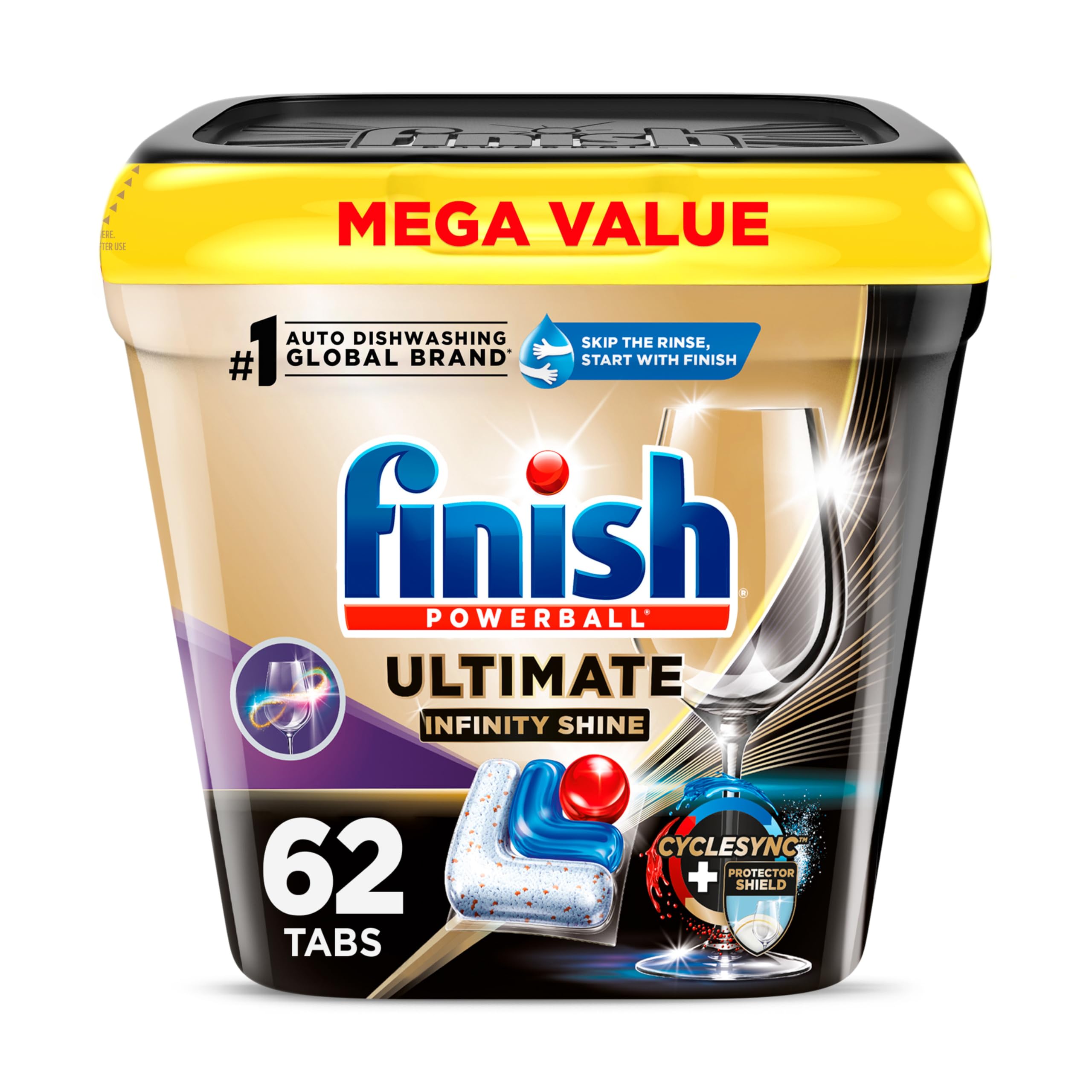 Finish Ultimate Infinity Shine Spülmaschinentabs, kein Vorspülen nötig, Spülmittel entfernt eingebrannte Speisereste, mit Protector Shield & CycleSync Technologie, Fettlöse- und Reinigungsleistung, 62 Stück