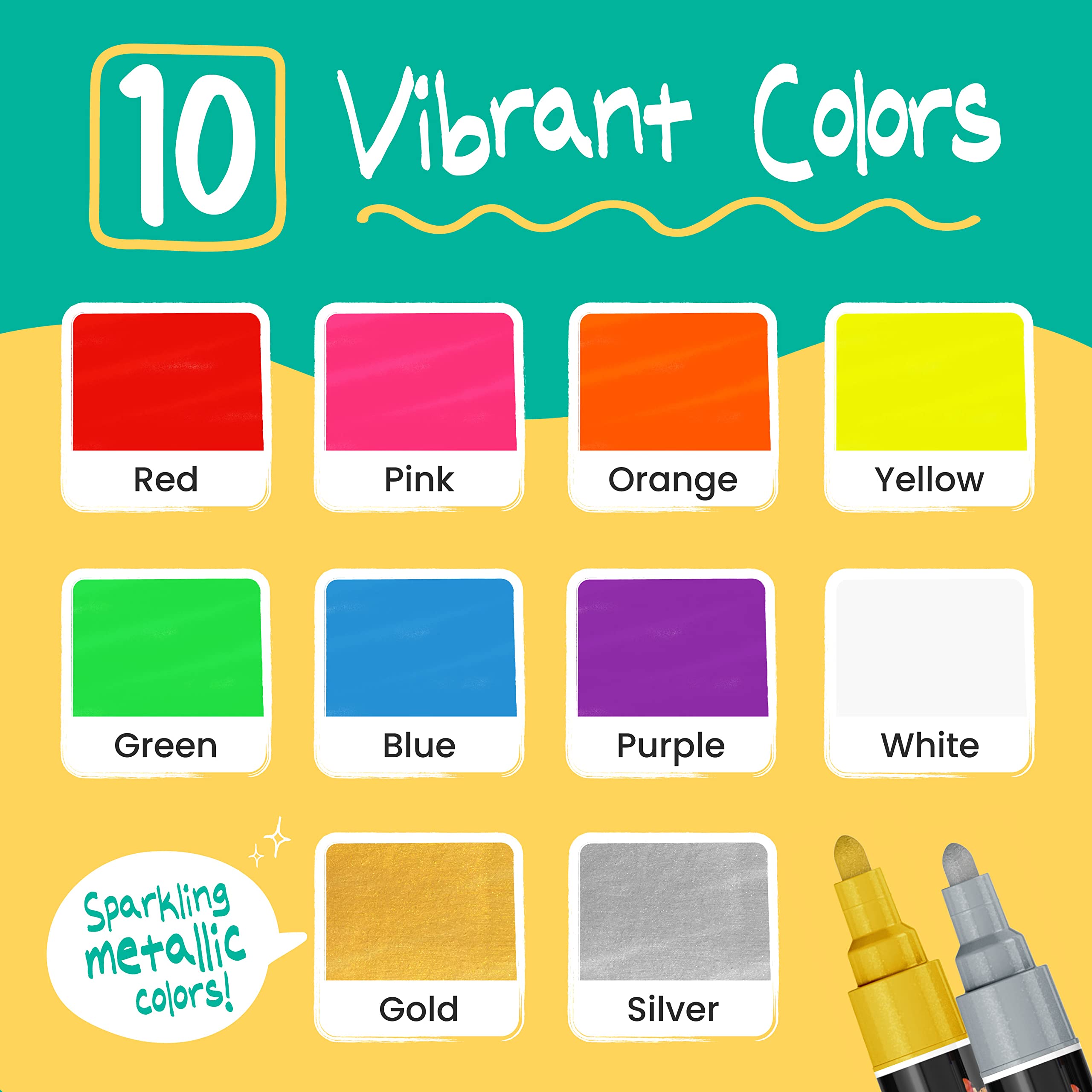 Chalkola Liquid Chalk Markers Erasable (10 Pack) w/Gold & Silver - Washable Paint Chalk Pens for Chalkboard Signs, Blackboard, Car Window, Bistro, Glass, Board - Neon Wet Wipe 6mm Reversible Bold Tip