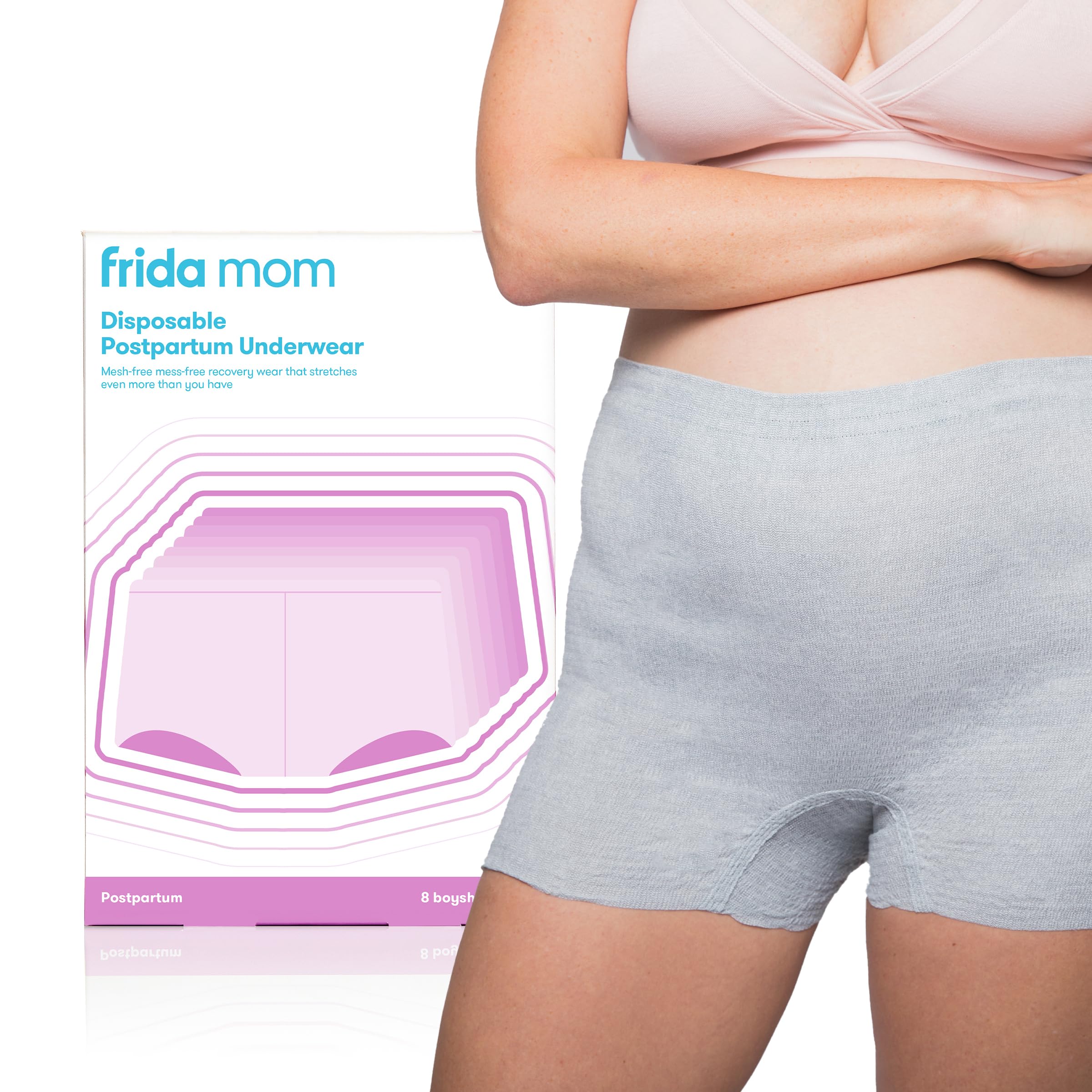 Frida Mom Damen-Wochenbettunterwäsche, Einweg-Boyshorts, Nahtlos mit dehnbarer Unterstützung, Wochenbett-Essentials, Größe Normal (Taille 71-107 cm gedehnt), 8 Stück, Grau