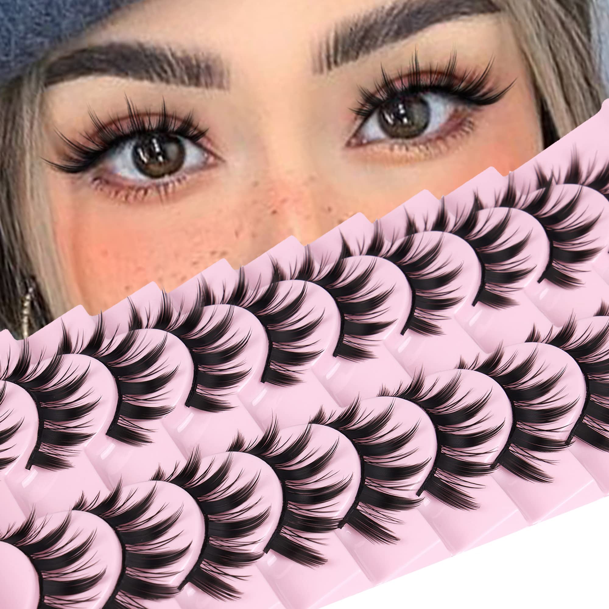 Künstliche Wimpern 10 Paar Manga-Wimpern Japanischer Stil Anime Dicke Cosplay-Wimpern Natürlicher Look 16MM Spiky 8D Wispy Faux-Mink-Wimpern Ganzer Streifen Doll Lashes von FANXITON